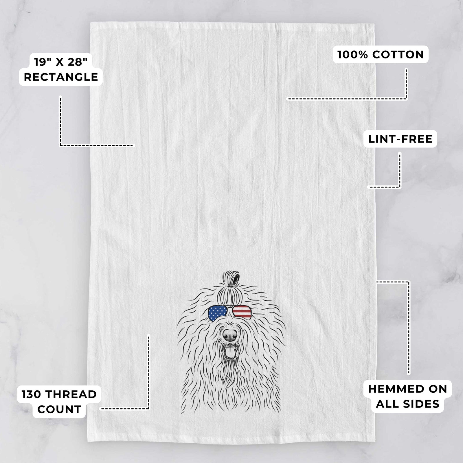 Hand-drawn sketch of Brody the Old English Sheepdog wearing American flag sunglasses on a tea towel, with feature callouts: 19 x 28 inch rectangle, 100% cotton, lint-free, 120 thread count, hemmed on all sides