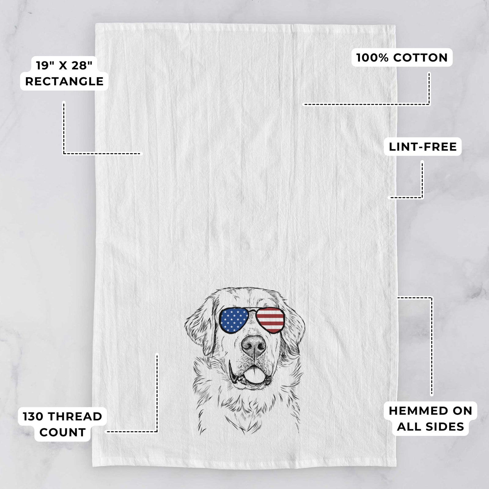 Hand-drawn sketch of Brophy the Great Pyrenees wearing American flag sunglasses on a tea towel, with feature callouts: 19 x 28 inch rectangle, 100% cotton, lint-free, 120 thread count, hemmed on all sides
