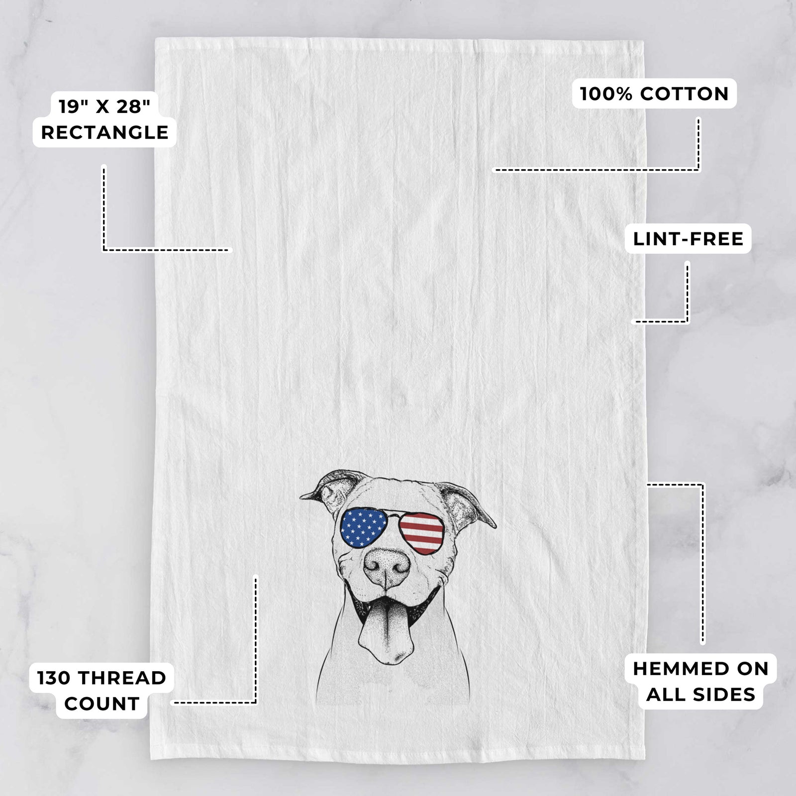 Hand-drawn sketch of Bruce the American Staffordshire Terrier wearing American flag sunglasses on a tea towel, with feature callouts: 19 x 28 inch rectangle, 100% cotton, lint-free, 120 thread count, hemmed on all sides
