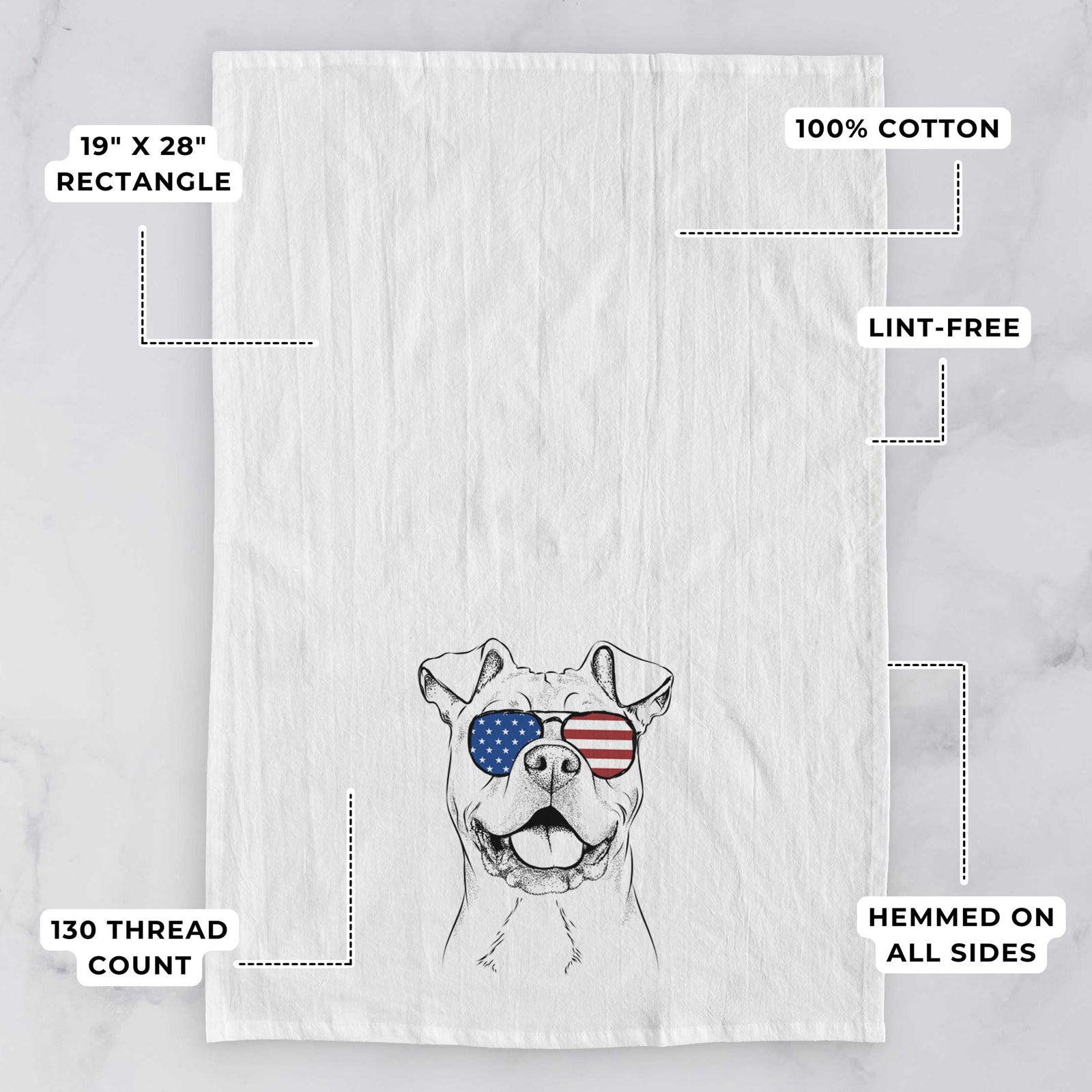Hand-drawn sketch of Bubba Scraps the American Staffordshire Mix wearing American flag sunglasses on a tea towel, with feature callouts: 19 x 28 inch rectangle, 100% cotton, lint-free, 120 thread count, hemmed on all sides