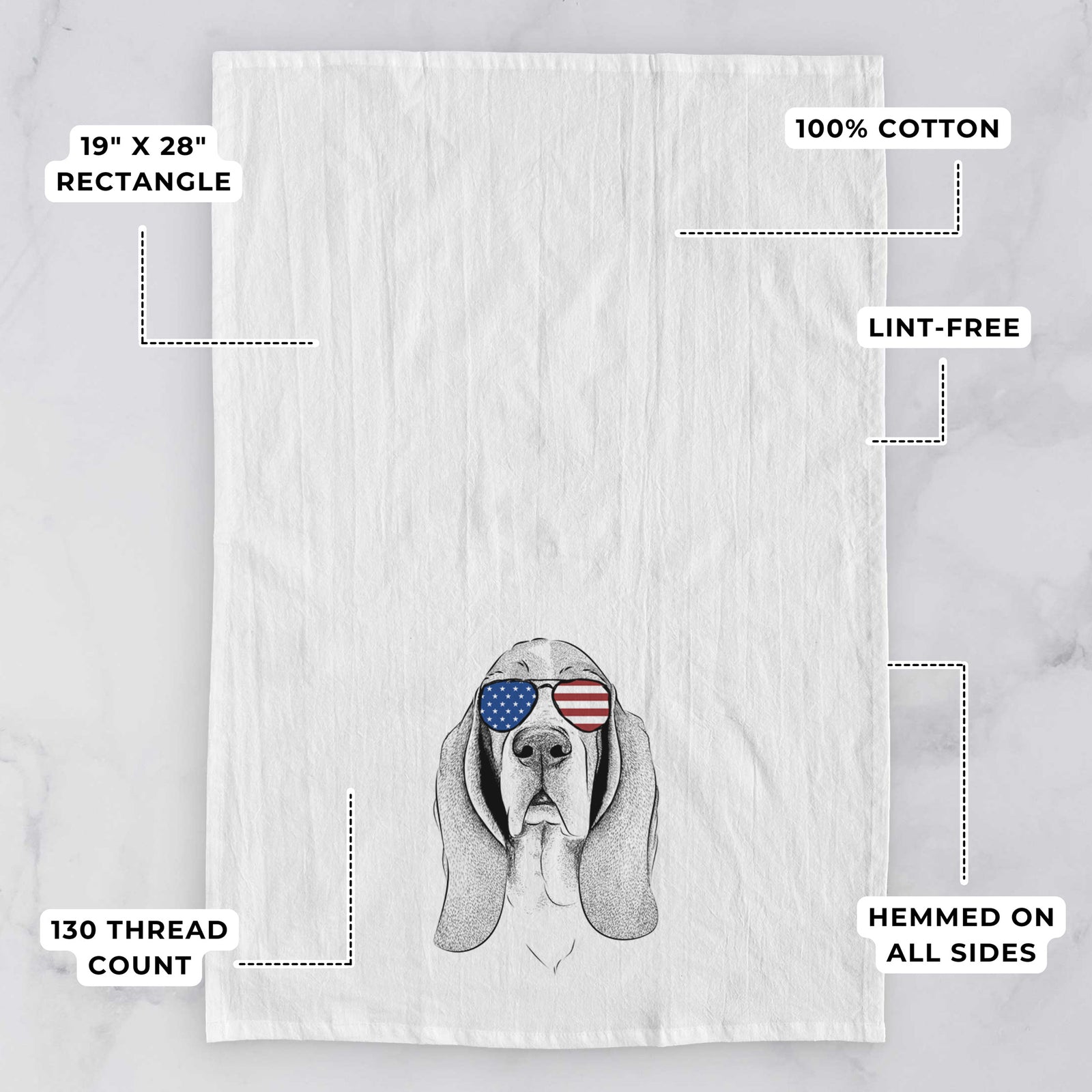 Hand-drawn sketch of Buckley the Basset Hound wearing American flag sunglasses on a tea towel, with feature callouts: 19 x 28 inch rectangle, 100% cotton, lint-free, 120 thread count, hemmed on all sides