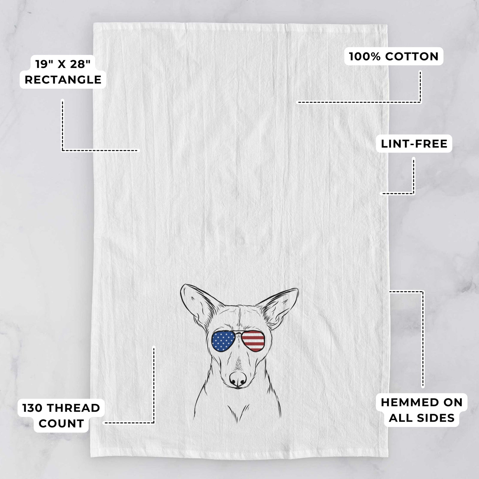 Hand-drawn sketch of Buff the Dorgi wearing American flag sunglasses on a tea towel, with feature callouts: 19 x 28 inch rectangle, 100% cotton, lint-free, 120 thread count, hemmed on all sides