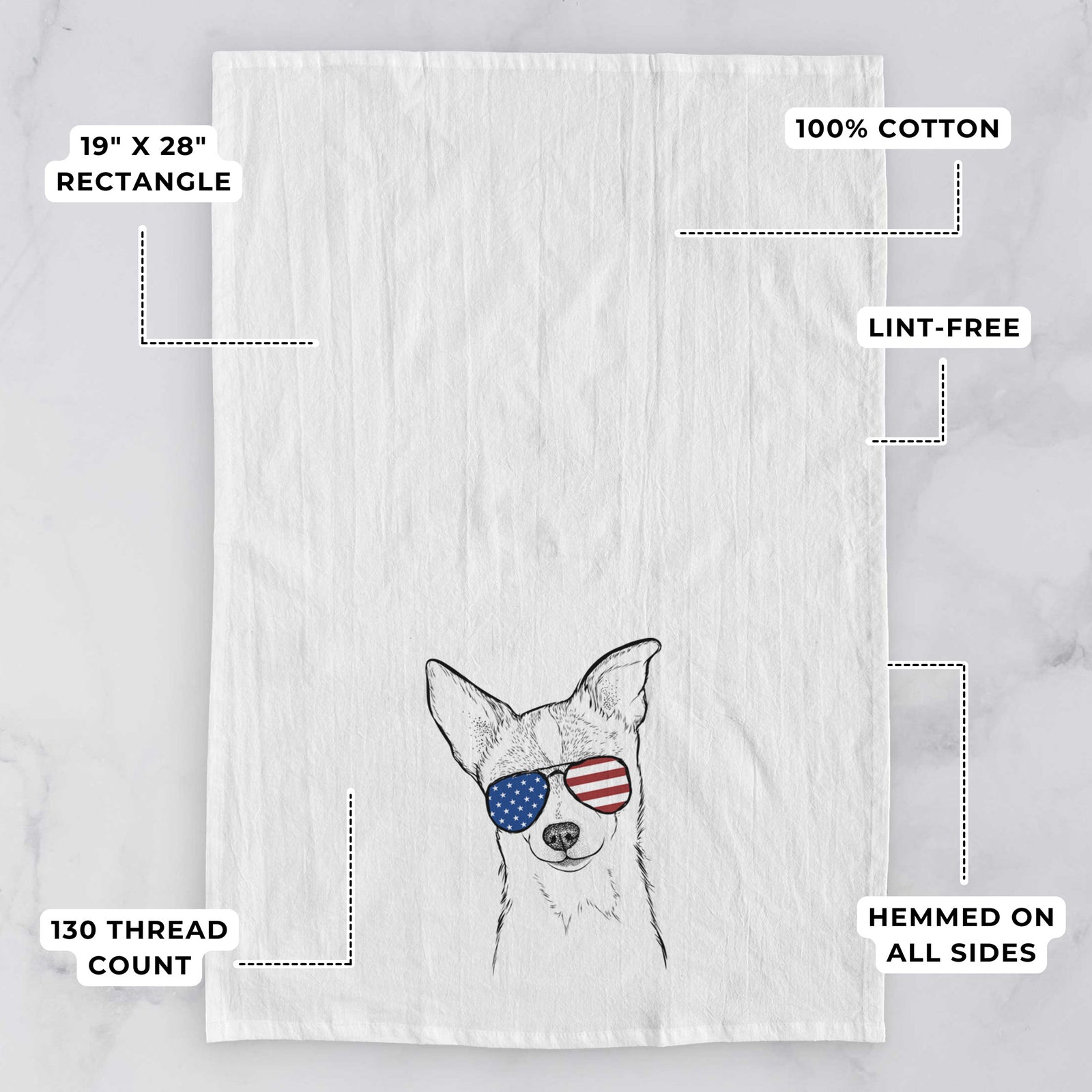 Hand-drawn sketch of Buggy the Chihuahua wearing American flag sunglasses on a tea towel, with feature callouts: 19 x 28 inch rectangle, 100% cotton, lint-free, 120 thread count, hemmed on all sides