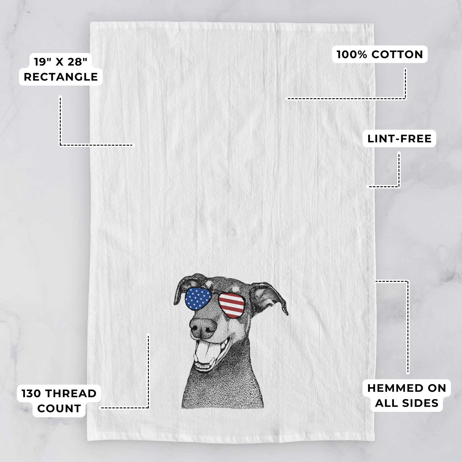 Hand-drawn sketch of Bunnie the Doberman Pinscher wearing American flag sunglasses on a tea towel, with feature callouts: 19 x 28 inch rectangle, 100% cotton, lint-free, 120 thread count, hemmed on all sides