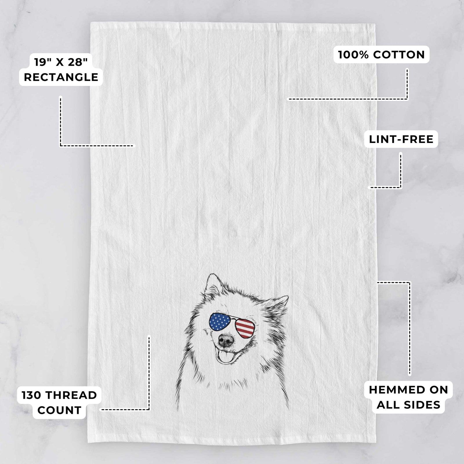Hand-drawn sketch of Caico the Samoyed wearing American flag sunglasses on a tea towel, with feature callouts: 19 x 28 inch rectangle, 100% cotton, lint-free, 120 thread count, hemmed on all sides