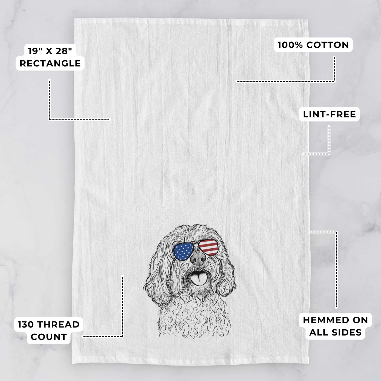 Hand-drawn sketch of Cali the Cavapoo wearing American flag sunglasses on a tea towel, with feature callouts: 19 x 28 inch rectangle, 100% cotton, lint-free, 120 thread count, hemmed on all sides