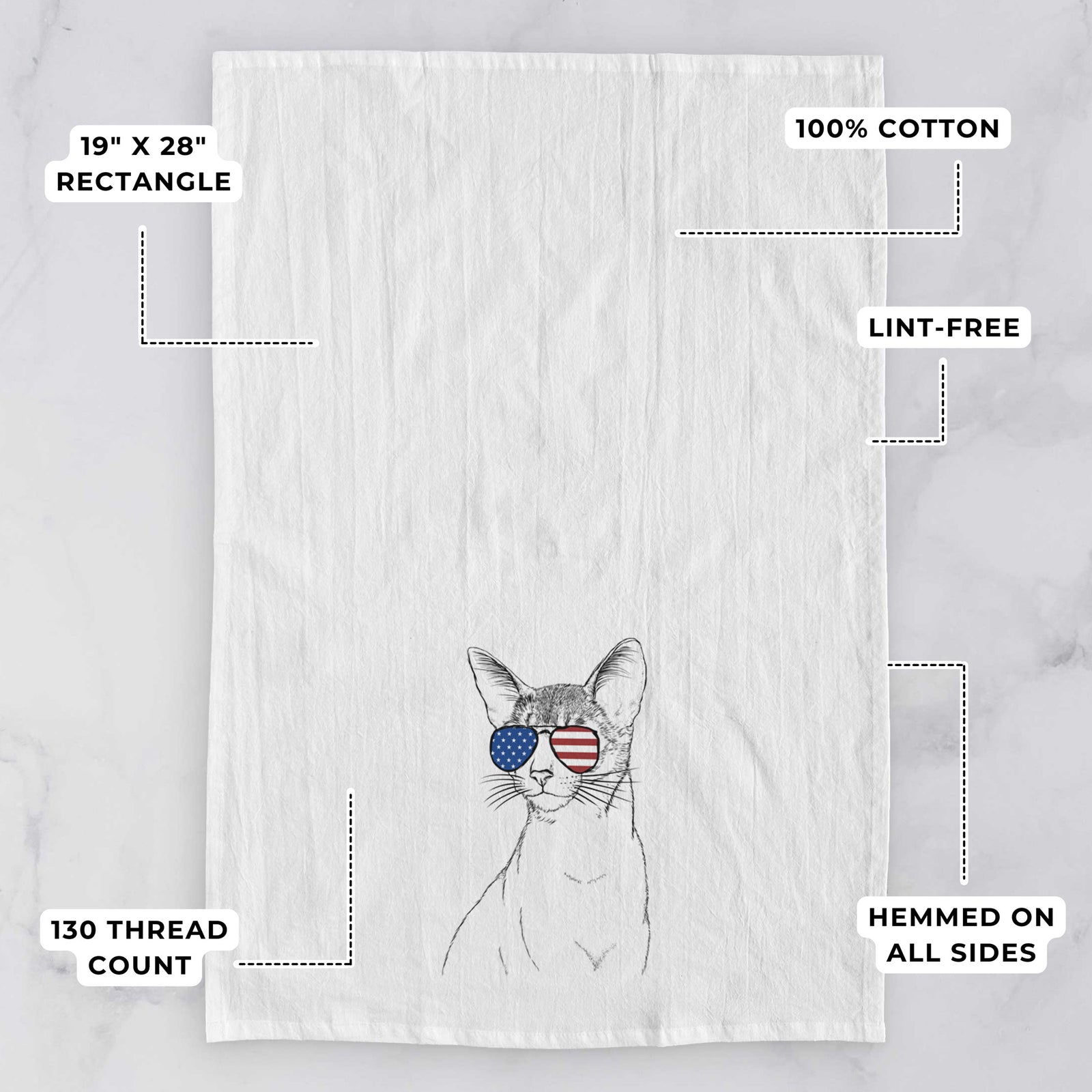 Hand-drawn sketch of Cedric the Abyssinian Cat wearing American flag sunglasses on a tea towel, with feature callouts: 19 x 28 inch rectangle, 100% cotton, lint-free, 120 thread count, hemmed on all sides