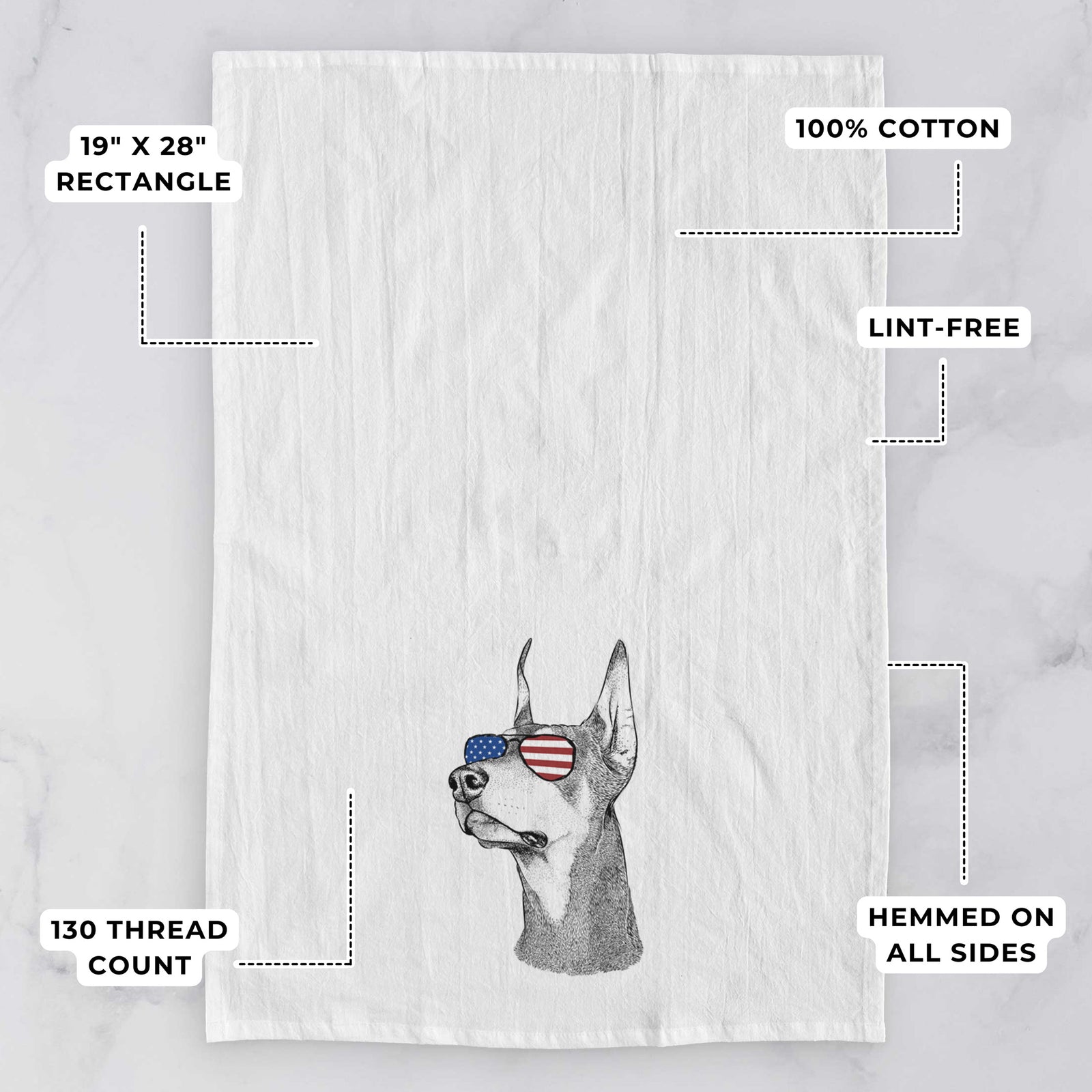 Hand-drawn sketch of Cenza the Doberman Pinscher wearing American flag sunglasses on a tea towel, with feature callouts: 19 x 28 inch rectangle, 100% cotton, lint-free, 120 thread count, hemmed on all sides