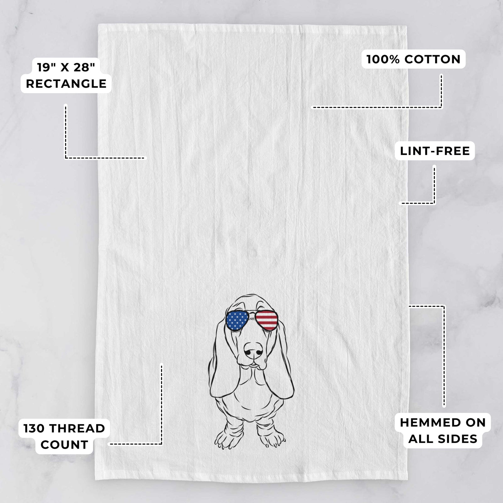 Hand-drawn sketch of Charlie the Basset Hound wearing American flag sunglasses on a tea towel, with feature callouts: 19 x 28 inch rectangle, 100% cotton, lint-free, 120 thread count, hemmed on all sides
