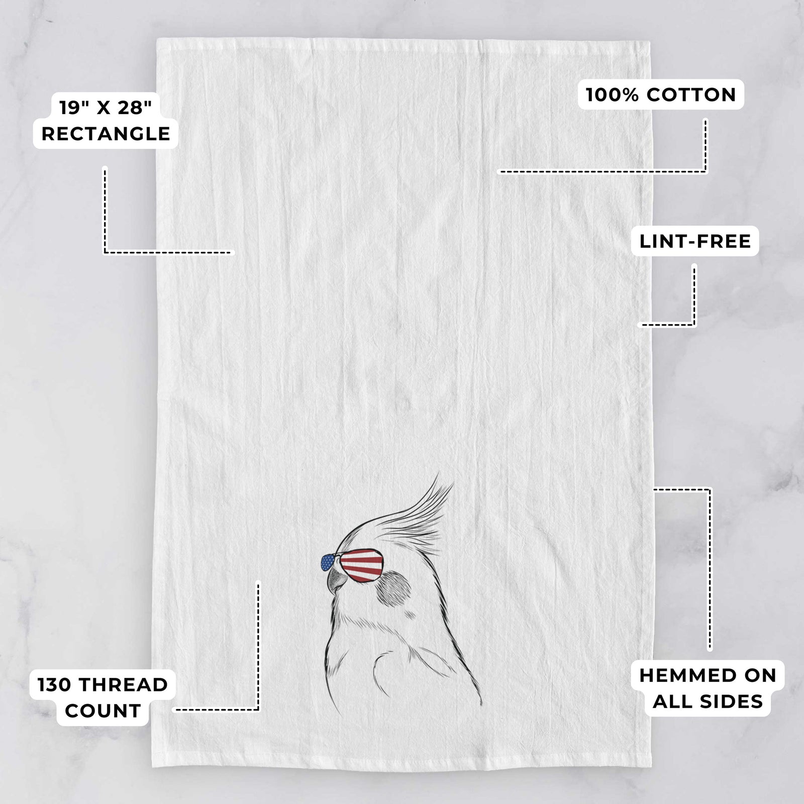 Hand-drawn sketch of Charlie the Cockatiel wearing American flag sunglasses on a tea towel, with feature callouts: 19 x 28 inch rectangle, 100% cotton, lint-free, 120 thread count, hemmed on all sides