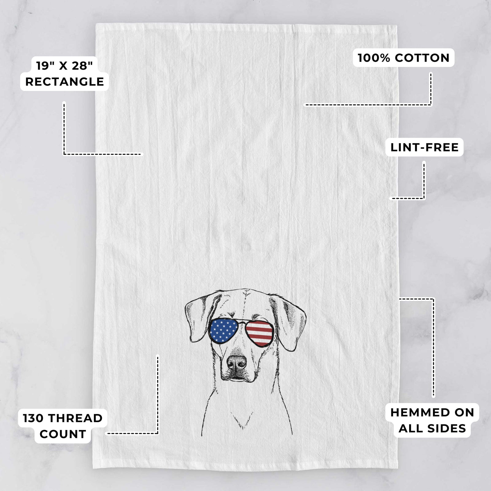 Hand-drawn sketch of Charlie Girl the Yellow Lab wearing American flag sunglasses on a tea towel, with feature callouts: 19 x 28 inch rectangle, 100% cotton, lint-free, 120 thread count, hemmed on all sides