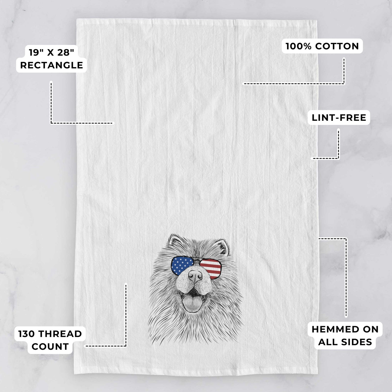 Hand-drawn sketch of Charming Charlie the Chow Chow wearing American flag sunglasses on a tea towel, with feature callouts: 19 x 28 inch rectangle, 100% cotton, lint-free, 120 thread count, hemmed on all sides