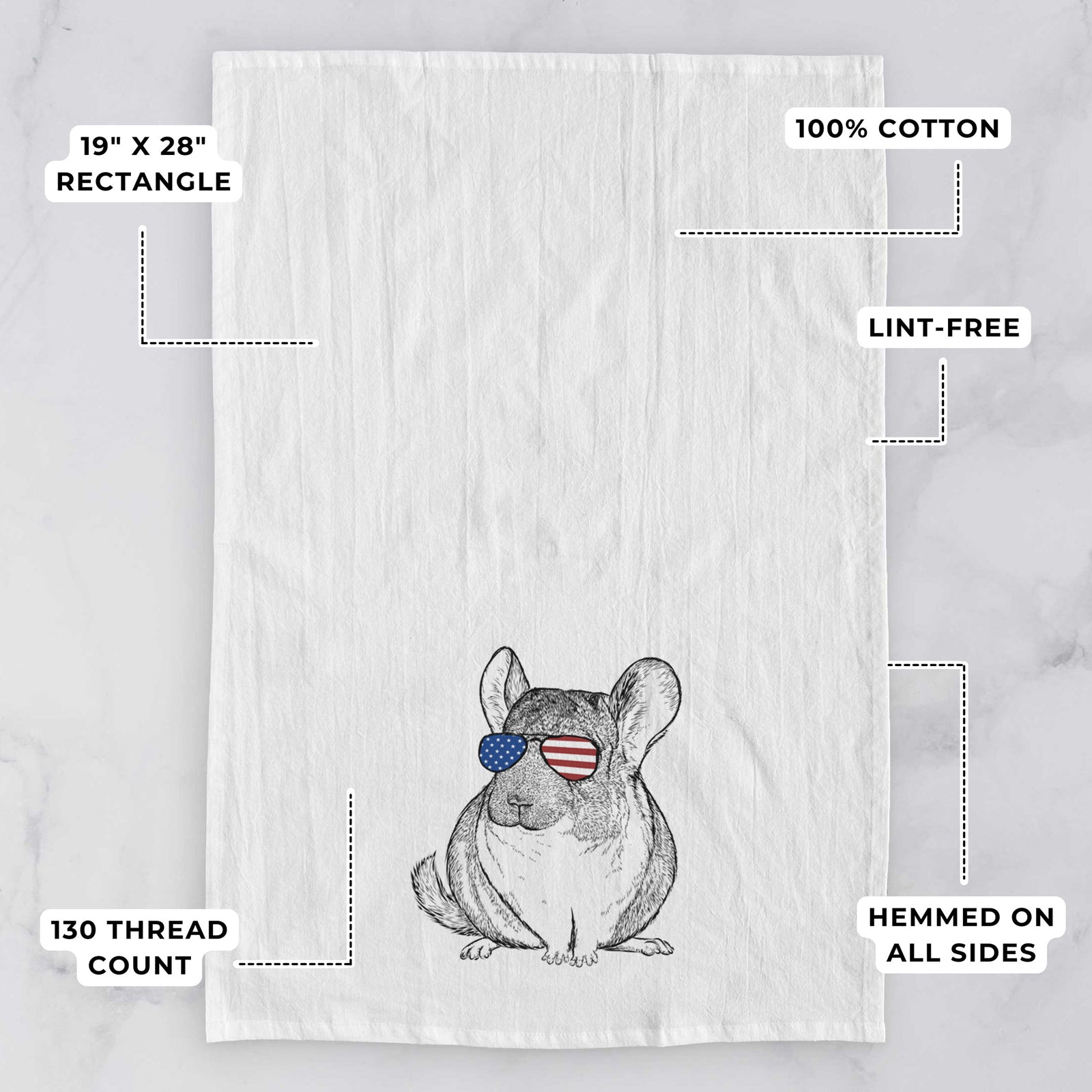 Hand-drawn sketch of Cheddar the Chinchilla wearing American flag sunglasses on a tea towel, with feature callouts: 19 x 28 inch rectangle, 100% cotton, lint-free, 120 thread count, hemmed on all sides