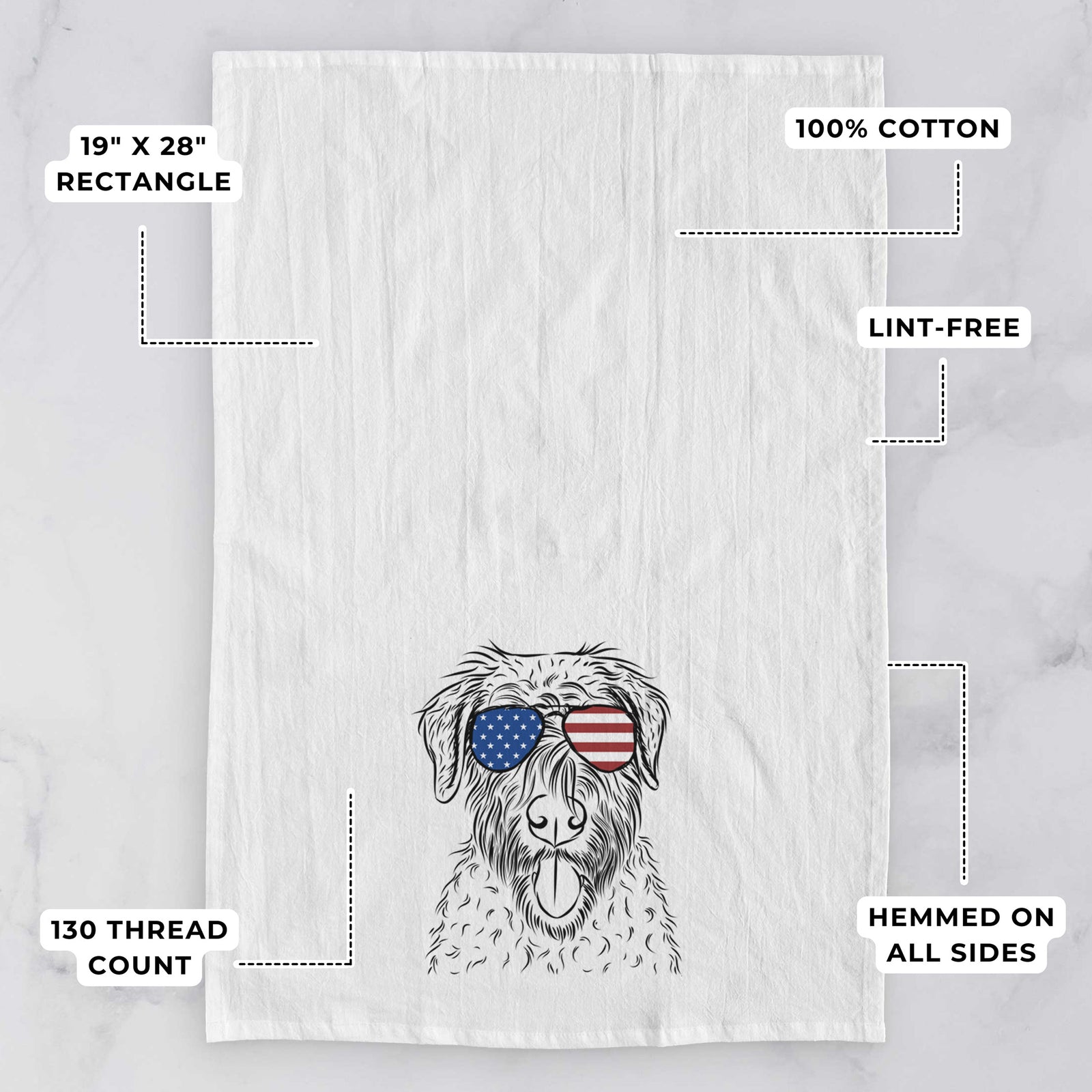 Hand-drawn sketch of Chester the Soft Coated Wheaten Terrier wearing American flag sunglasses on a tea towel, with feature callouts: 19 x 28 inch rectangle, 100% cotton, lint-free, 120 thread count, hemmed on all sides