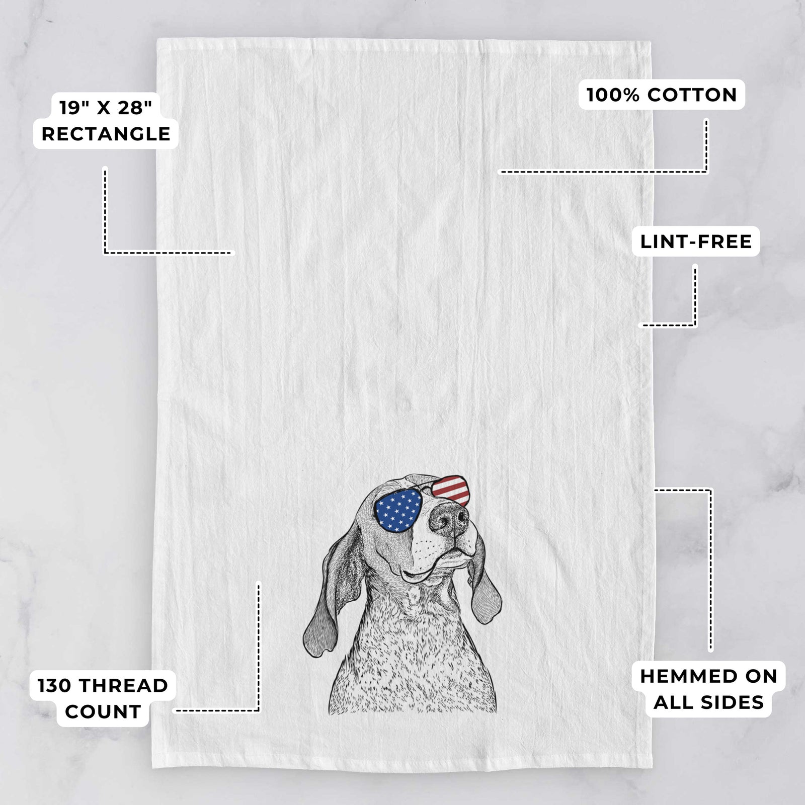 Hand-drawn sketch of Chester the Red Tick Coonhound wearing American flag sunglasses on a tea towel, with feature callouts: 19 x 28 inch rectangle, 100% cotton, lint-free, 120 thread count, hemmed on all sides