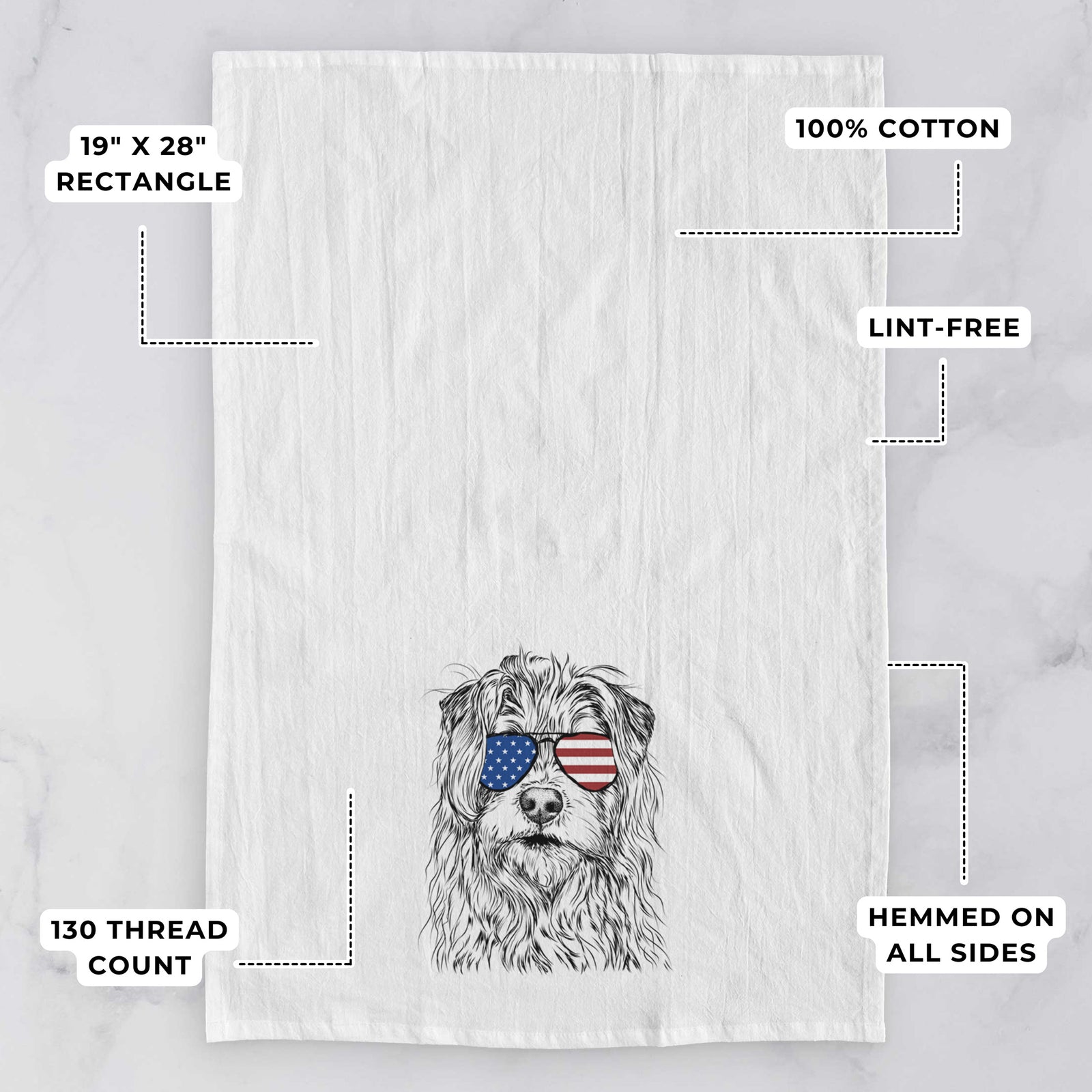 Hand-drawn sketch of Chester the Terrier Mix wearing American flag sunglasses on a tea towel, with feature callouts: 19 x 28 inch rectangle, 100% cotton, lint-free, 120 thread count, hemmed on all sides