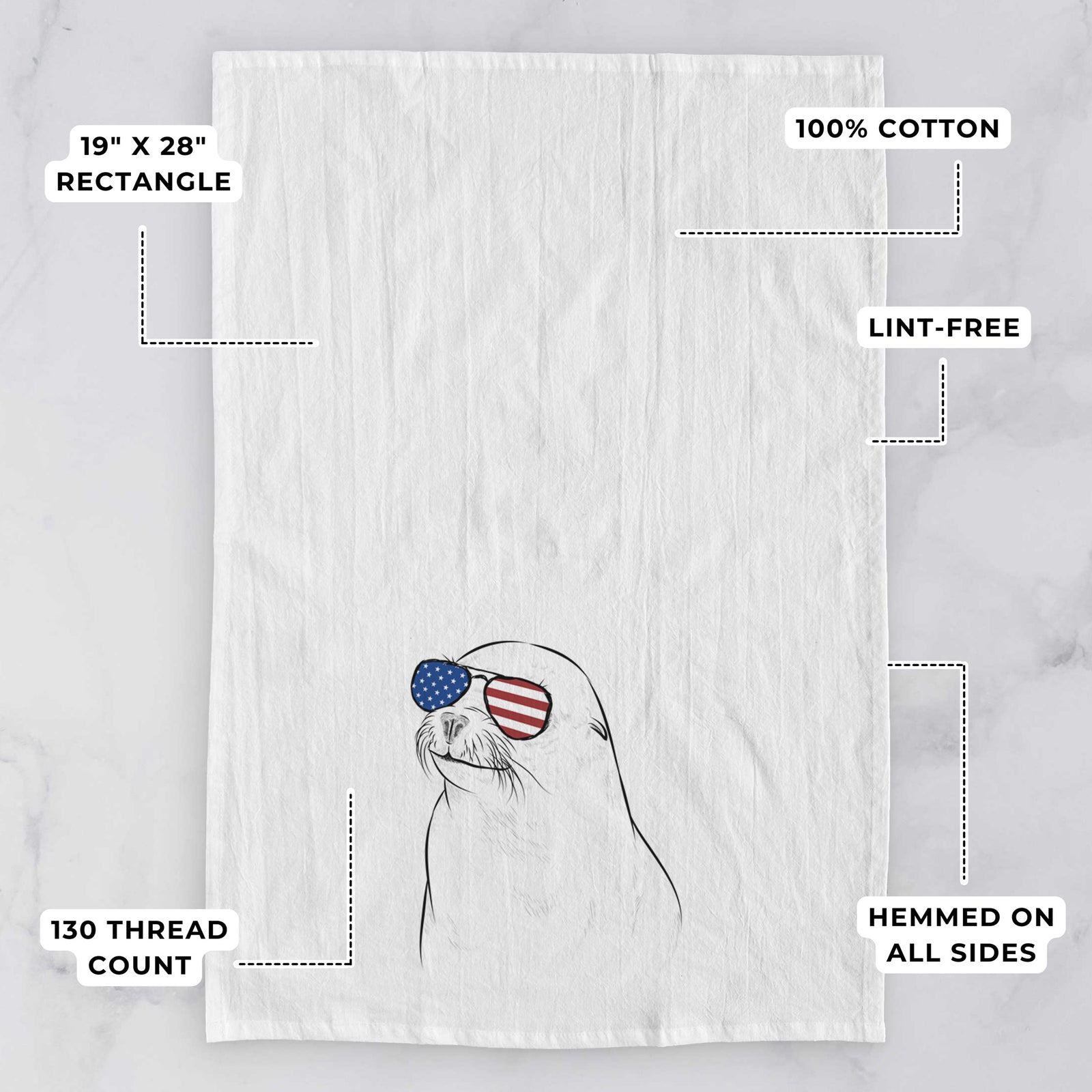 Hand-drawn sketch of Chip the California Sea Lion wearing American flag sunglasses on a tea towel, with feature callouts: 19 x 28 inch rectangle, 100% cotton, lint-free, 120 thread count, hemmed on all sides