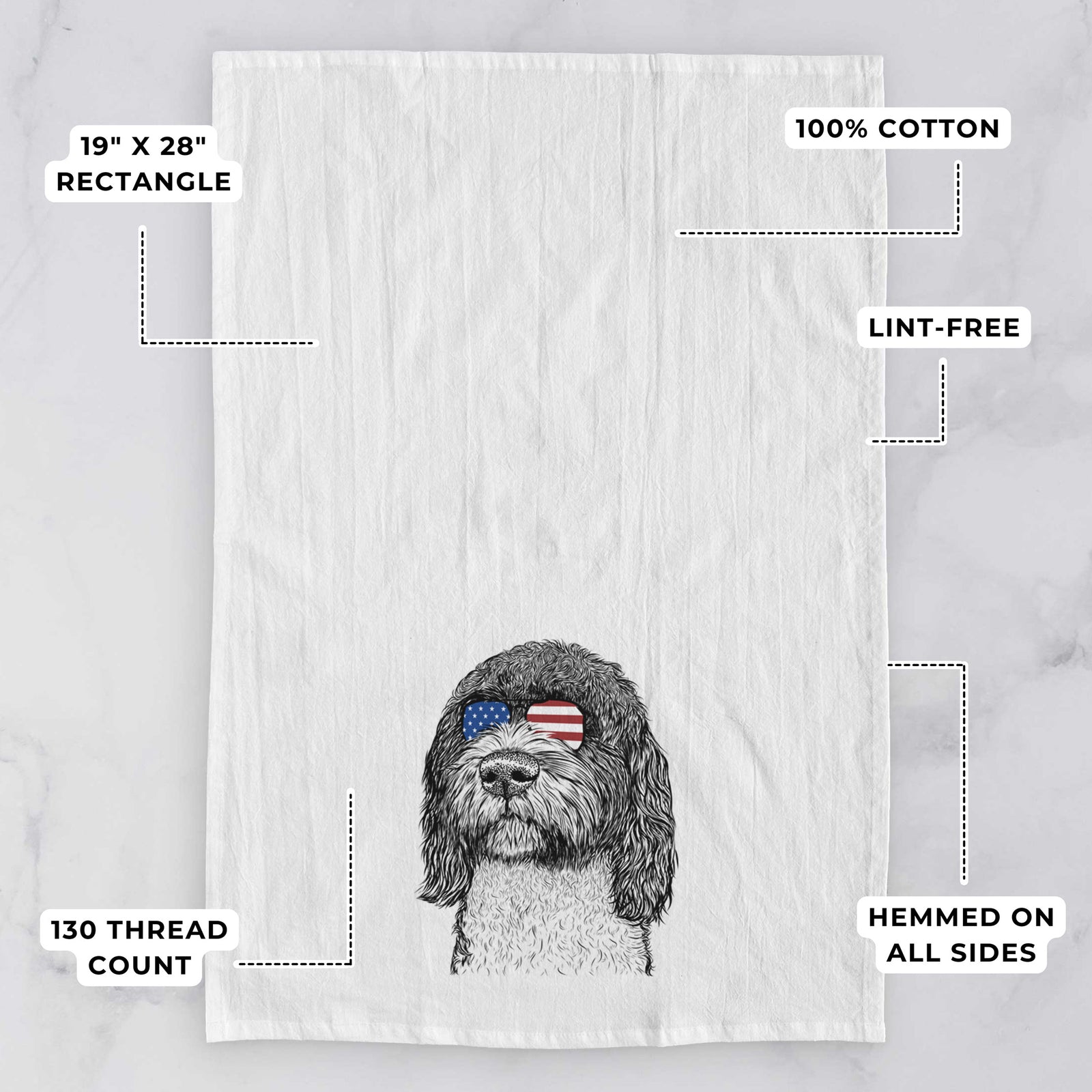 Hand-drawn sketch of Chris the Portuguese Water Dog wearing American flag sunglasses on a tea towel, with feature callouts: 19 x 28 inch rectangle, 100% cotton, lint-free, 120 thread count, hemmed on all sides