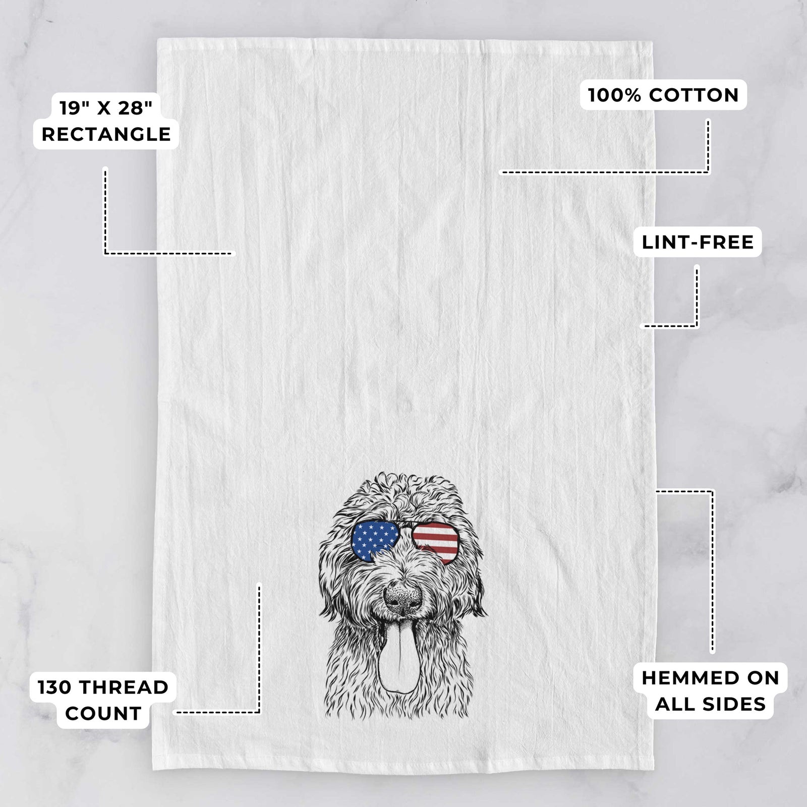 Hand-drawn sketch of CiCi Paulk the Aussiedoodle wearing American flag sunglasses on a tea towel, with feature callouts: 19 x 28 inch rectangle, 100% cotton, lint-free, 120 thread count, hemmed on all sides