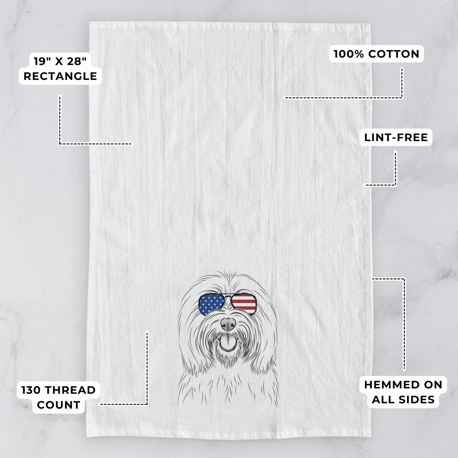 Hand-drawn sketch of Claude the Coton de Tulear wearing American flag sunglasses on a tea towel, with feature callouts: 19 x 28 inch rectangle, 100% cotton, lint-free, 120 thread count, hemmed on all sides