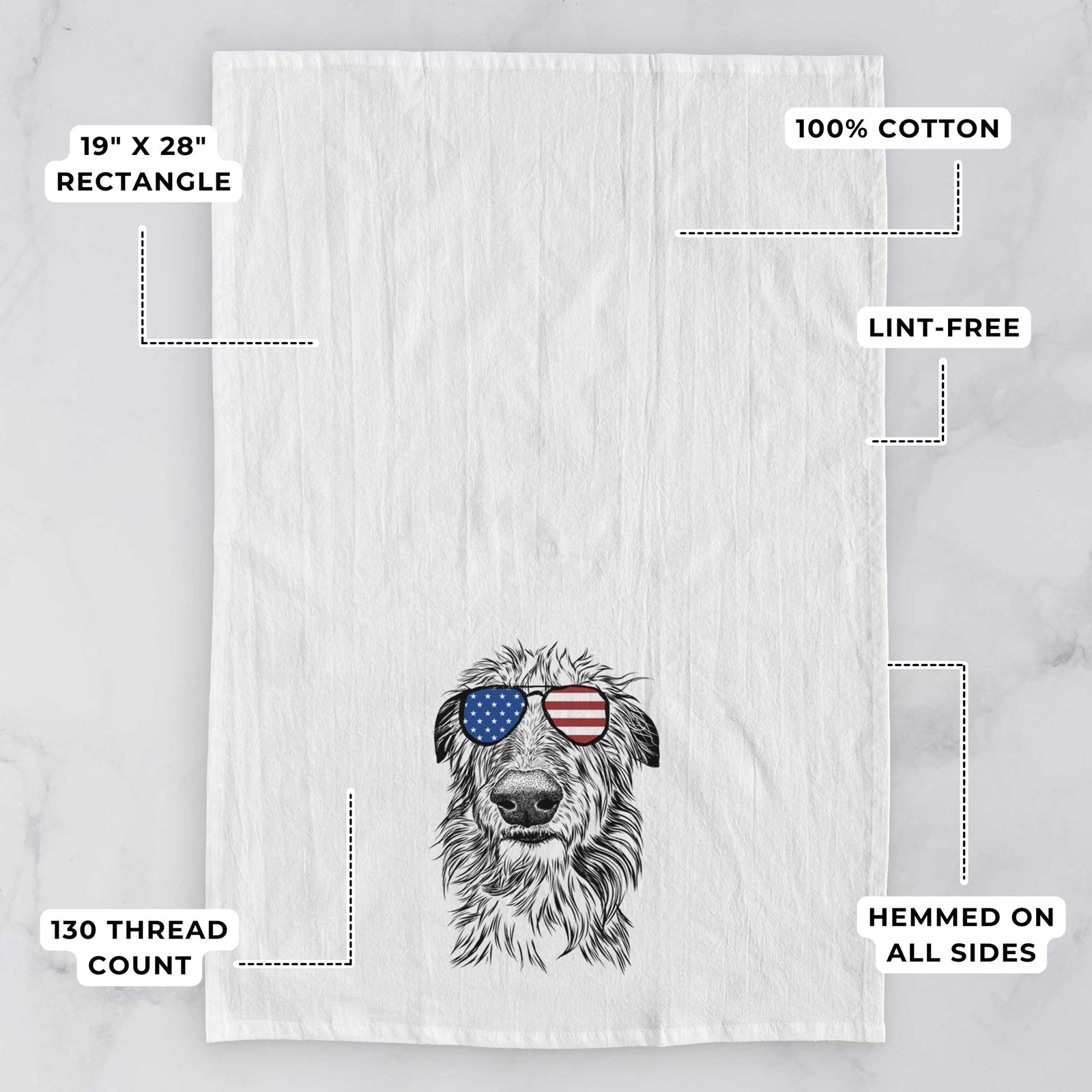 Hand-drawn sketch of Cleod the Scottish Deerhound wearing American flag sunglasses on a tea towel, with feature callouts: 19 x 28 inch rectangle, 100% cotton, lint-free, 120 thread count, hemmed on all sides