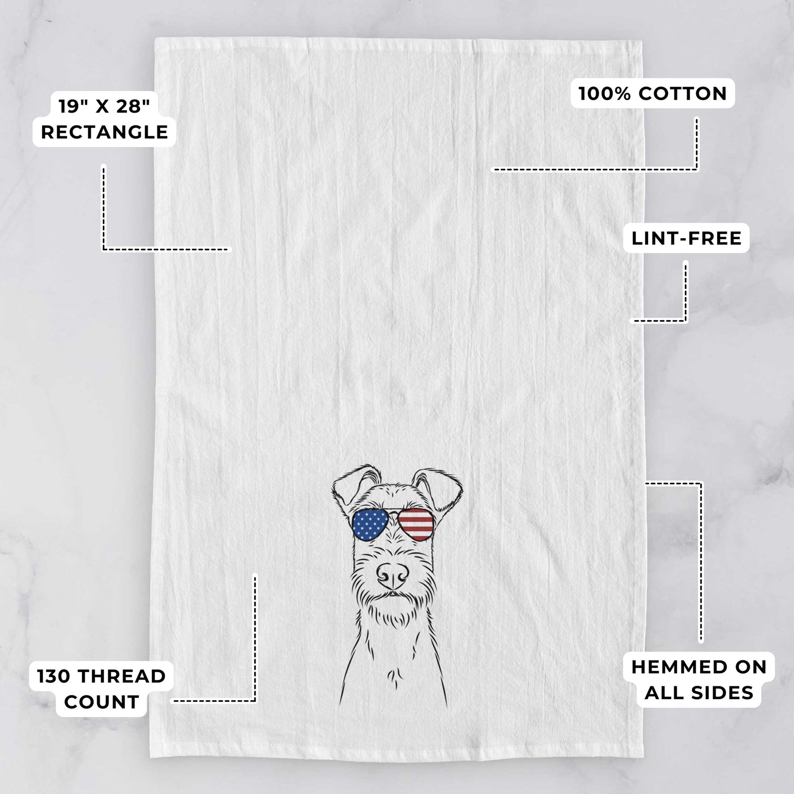 Hand-drawn sketch of Connor the Irish Terrier wearing American flag sunglasses on a tea towel, with feature callouts: 19 x 28 inch rectangle, 100% cotton, lint-free, 120 thread count, hemmed on all sides