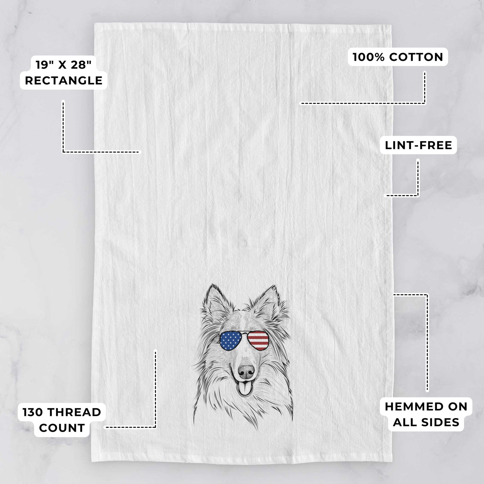 Hand-drawn sketch of Conrad the Rough Collie wearing American flag sunglasses on a tea towel, with feature callouts: 19 x 28 inch rectangle, 100% cotton, lint-free, 120 thread count, hemmed on all sides