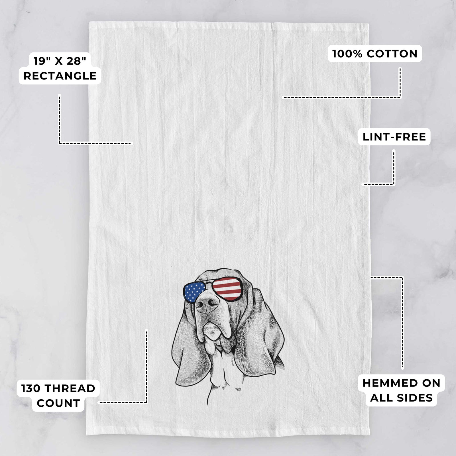 Hand-drawn sketch of Cooper the Basset Hound wearing American flag sunglasses on a tea towel, with feature callouts: 19 x 28 inch rectangle, 100% cotton, lint-free, 120 thread count, hemmed on all sides