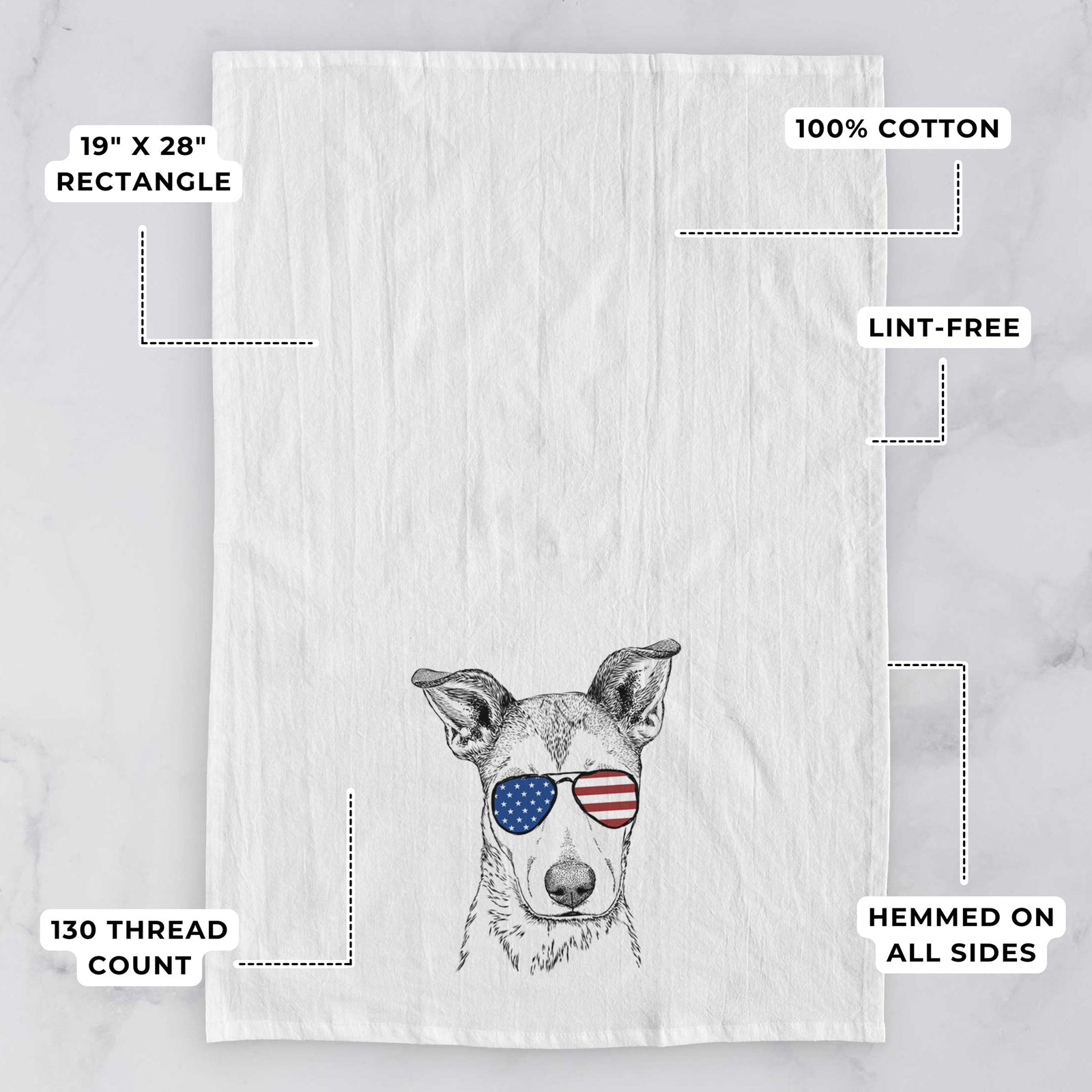 Hand-drawn sketch of Coral the Mixed Breed wearing American flag sunglasses on a tea towel, with feature callouts: 19 x 28 inch rectangle, 100% cotton, lint-free, 120 thread count, hemmed on all sides