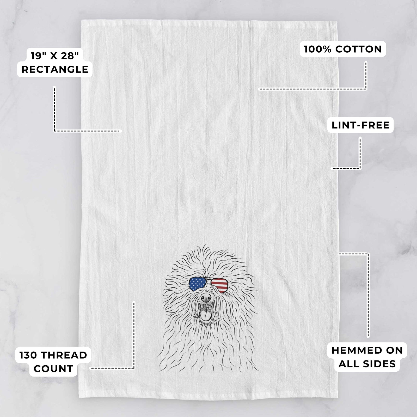 Hand-drawn sketch of Cozie the Old English Sheepdog wearing American flag sunglasses on a tea towel, with feature callouts: 19 x 28 inch rectangle, 100% cotton, lint-free, 120 thread count, hemmed on all sides