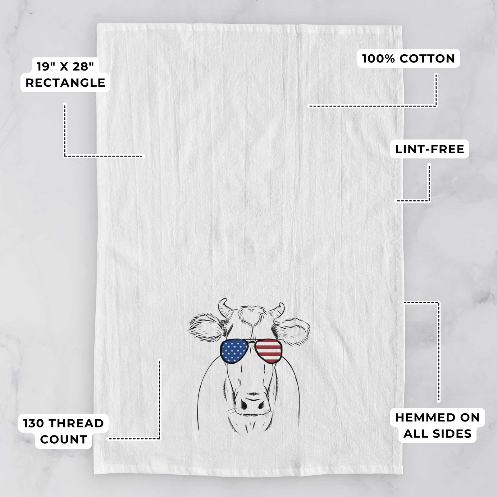 Hand-drawn sketch of Cruz the Cow wearing American flag sunglasses on a tea towel, with feature callouts: 19 x 28 inch rectangle, 100% cotton, lint-free, 120 thread count, hemmed on all sides