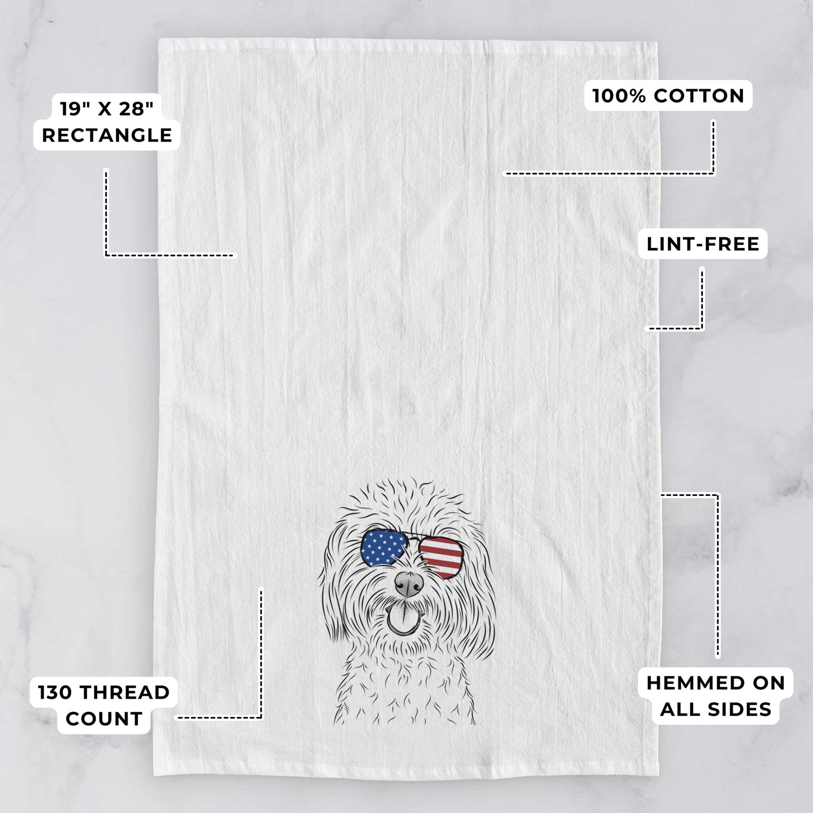 Hand-drawn sketch of Cuddles the Coton de Tulear wearing American flag sunglasses on a tea towel, with feature callouts: 19 x 28 inch rectangle, 100% cotton, lint-free, 120 thread count, hemmed on all sides
