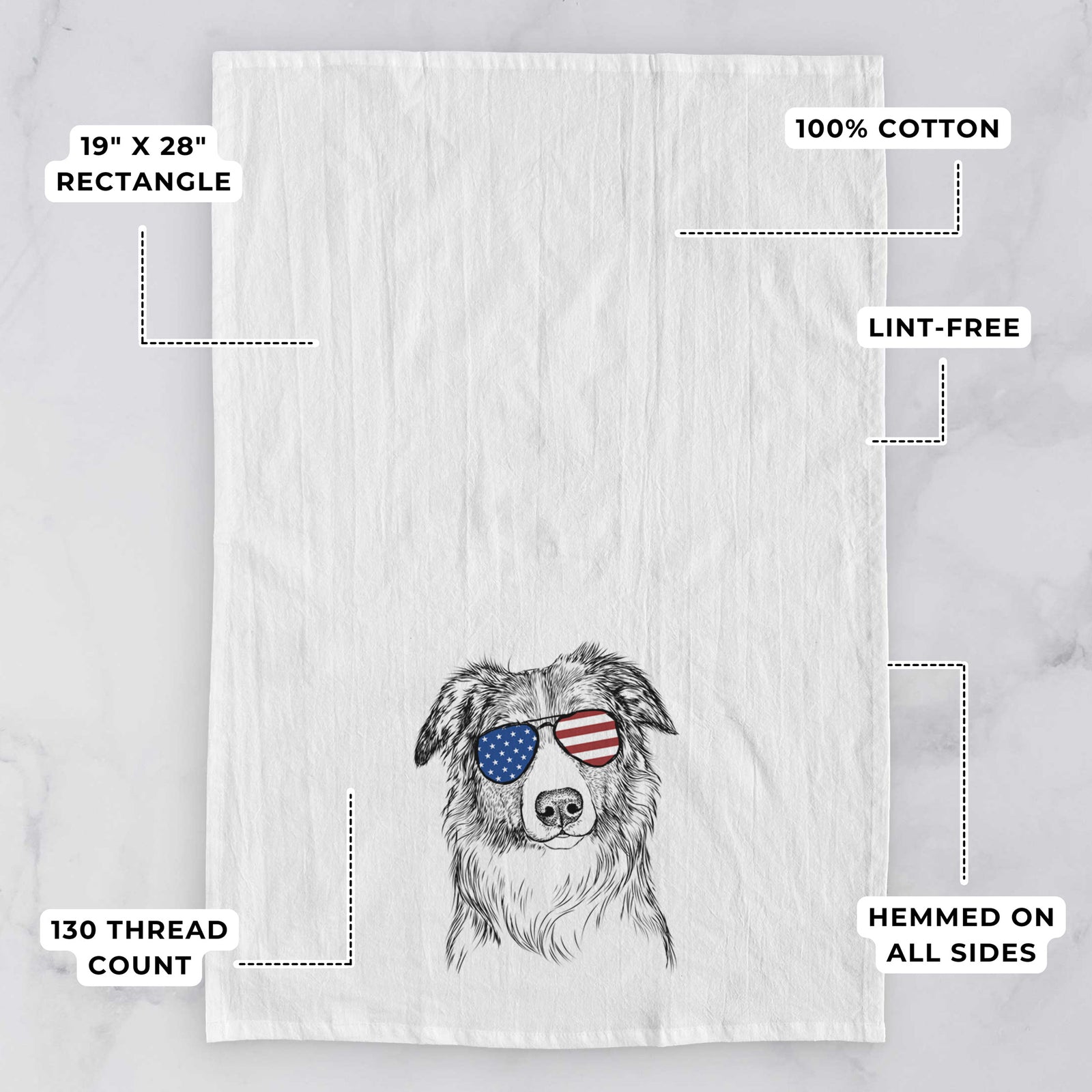 Hand-drawn sketch of Cynder the English Shepherd wearing American flag sunglasses on a tea towel, with feature callouts: 19 x 28 inch rectangle, 100% cotton, lint-free, 120 thread count, hemmed on all sides