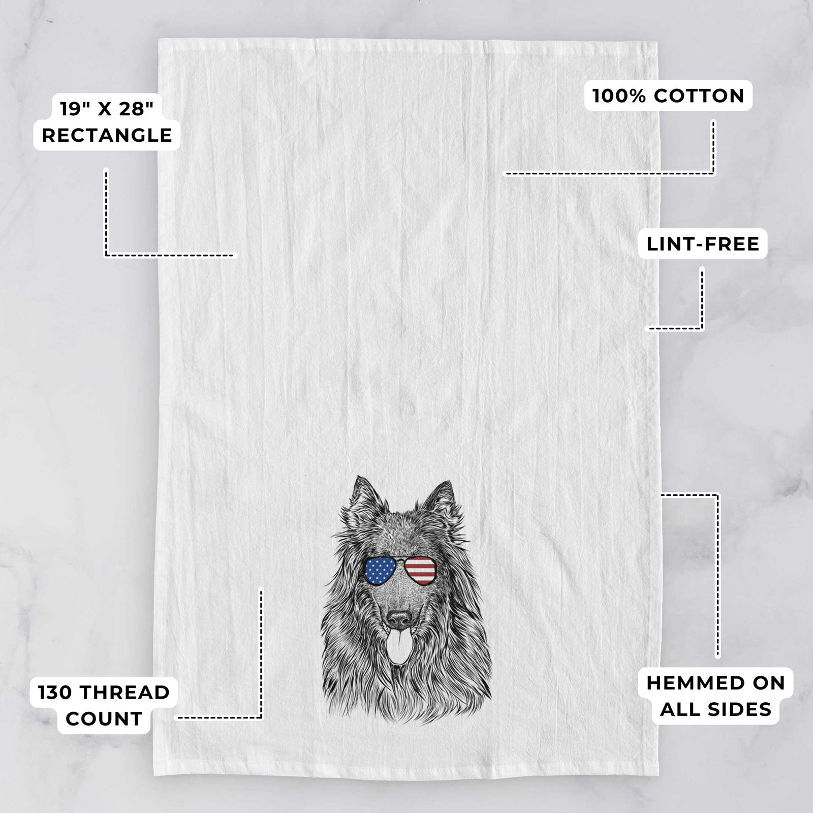 Hand-drawn sketch of Daan the Belgian Shepherd wearing American flag sunglasses on a tea towel, with feature callouts: 19 x 28 inch rectangle, 100% cotton, lint-free, 120 thread count, hemmed on all sides
