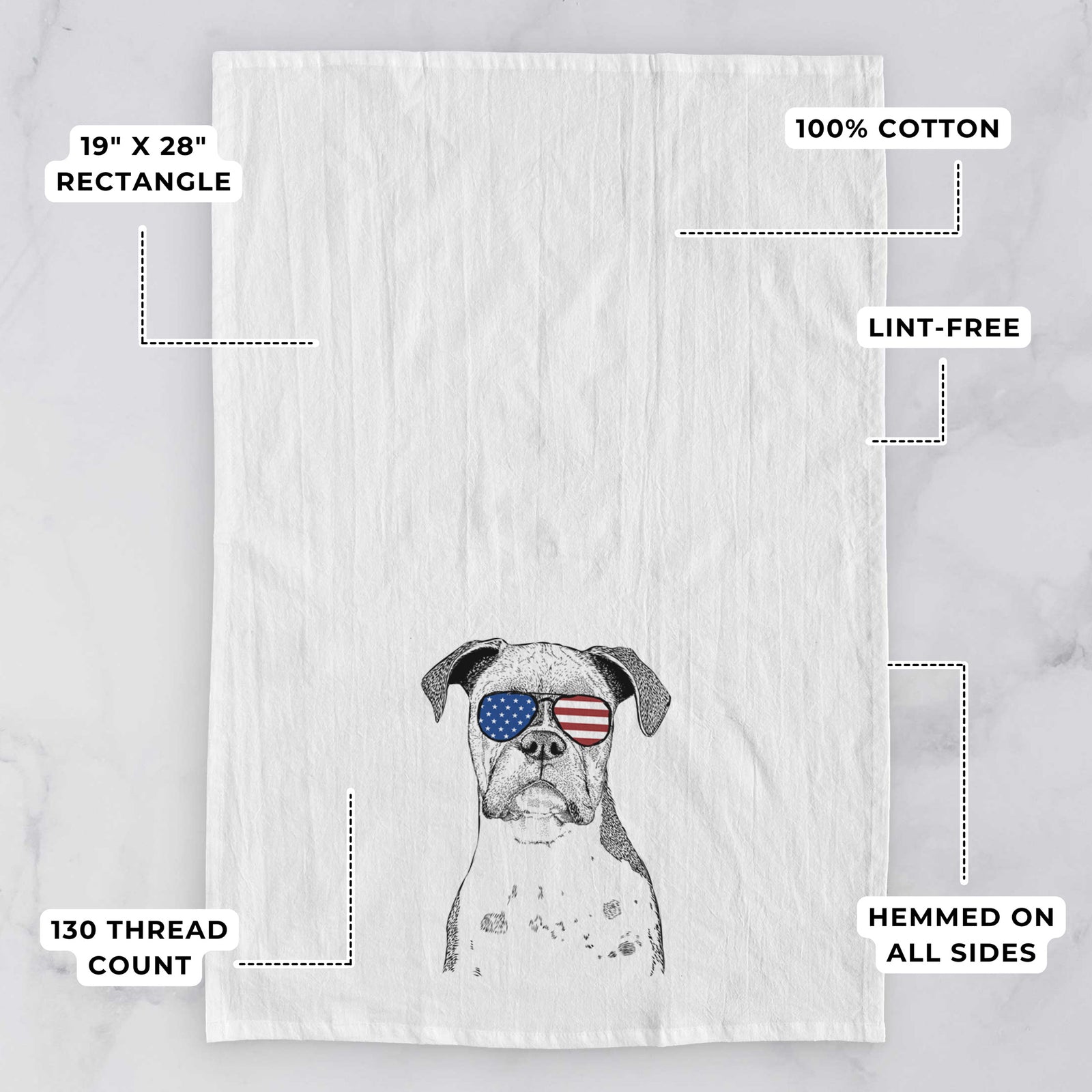 Hand-drawn sketch of Daisy the Boxer wearing American flag sunglasses on a tea towel, with feature callouts: 19 x 28 inch rectangle, 100% cotton, lint-free, 120 thread count, hemmed on all sides