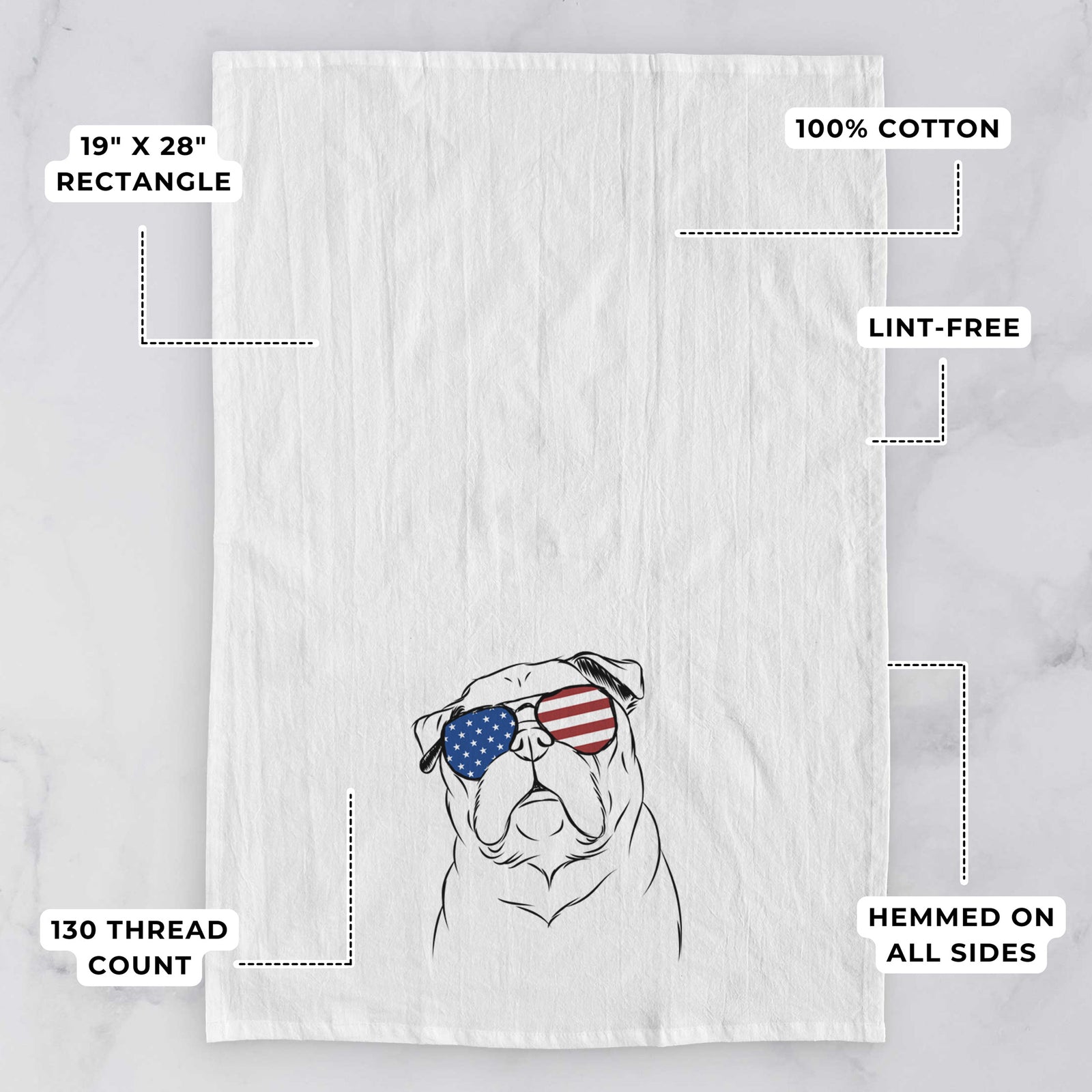 Hand-drawn sketch of Darling Chloe the Pug wearing American flag sunglasses on a tea towel, with feature callouts: 19 x 28 inch rectangle, 100% cotton, lint-free, 120 thread count, hemmed on all sides