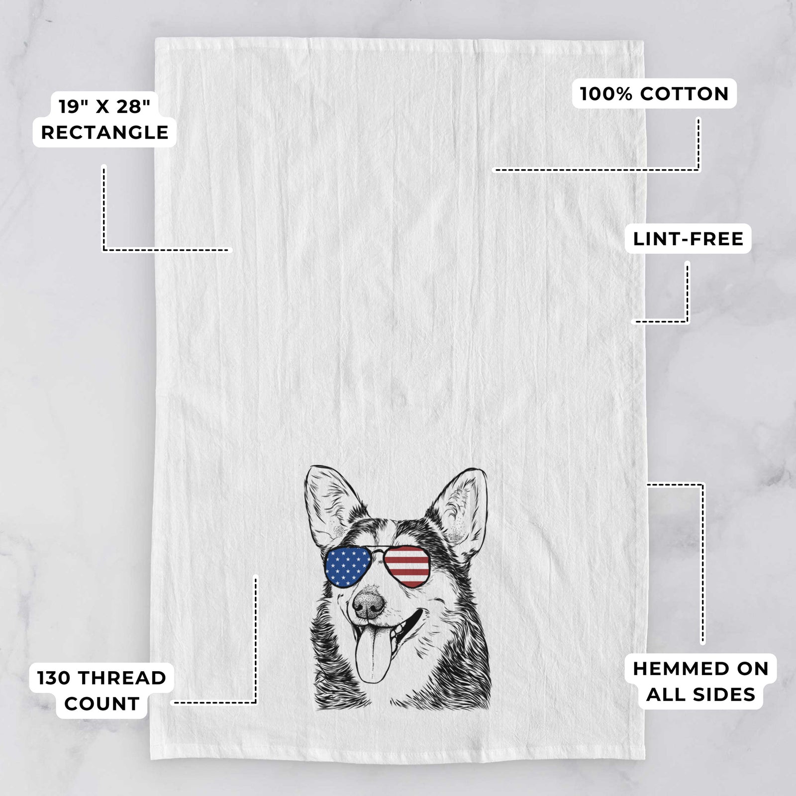 Hand-drawn sketch of Darma the Corgi wearing American flag sunglasses on a tea towel, with feature callouts: 19 x 28 inch rectangle, 100% cotton, lint-free, 120 thread count, hemmed on all sides