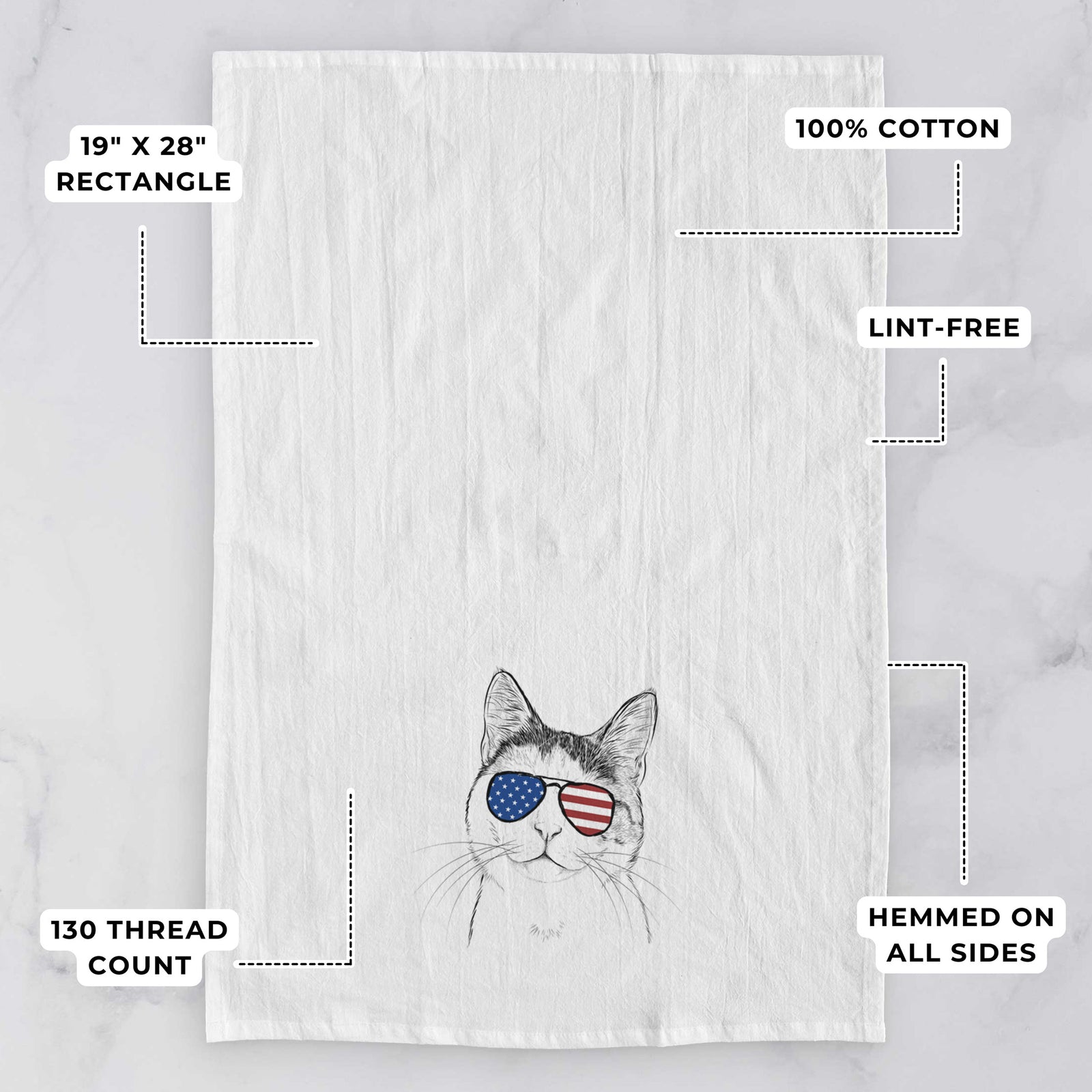 Hand-drawn sketch of Denver the Calico Cat wearing American flag sunglasses on a tea towel, with feature callouts: 19 x 28 inch rectangle, 100% cotton, lint-free, 120 thread count, hemmed on all sides