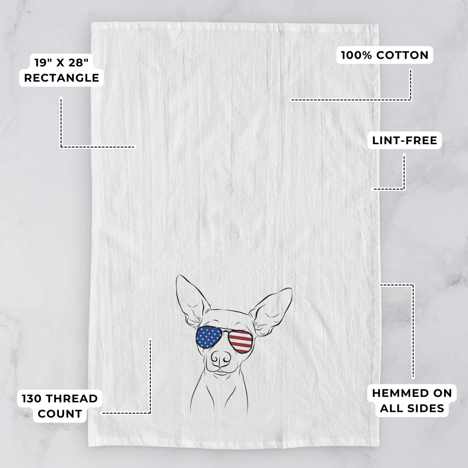 Hand-drawn sketch of Desi the American Hairless Terrier wearing American flag sunglasses on a tea towel, with feature callouts: 19 x 28 inch rectangle, 100% cotton, lint-free, 120 thread count, hemmed on all sides