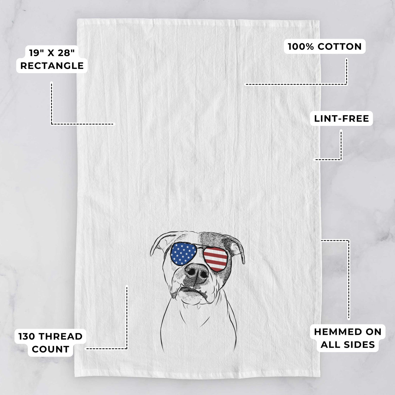 Hand-drawn sketch of Dexter the Pitbull wearing American flag sunglasses on a tea towel, with feature callouts: 19 x 28 inch rectangle, 100% cotton, lint-free, 120 thread count, hemmed on all sides