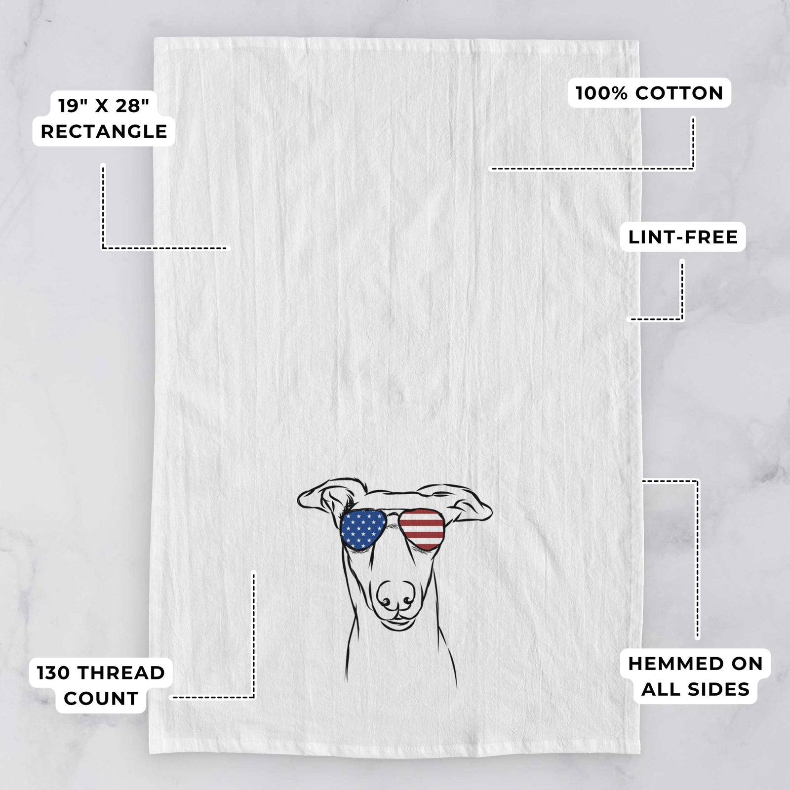 Hand-drawn sketch of Diva the Greyhound wearing American flag sunglasses on a tea towel, with feature callouts: 19 x 28 inch rectangle, 100% cotton, lint-free, 120 thread count, hemmed on all sides