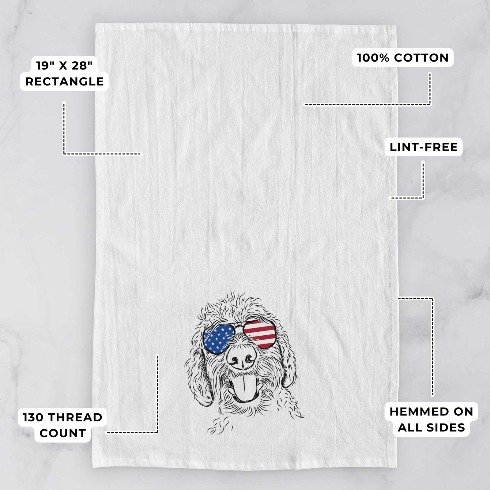 Hand-drawn sketch of Dixie the Doodle wearing American flag sunglasses on a tea towel, with feature callouts: 19 x 28 inch rectangle, 100% cotton, lint-free, 120 thread count, hemmed on all sides