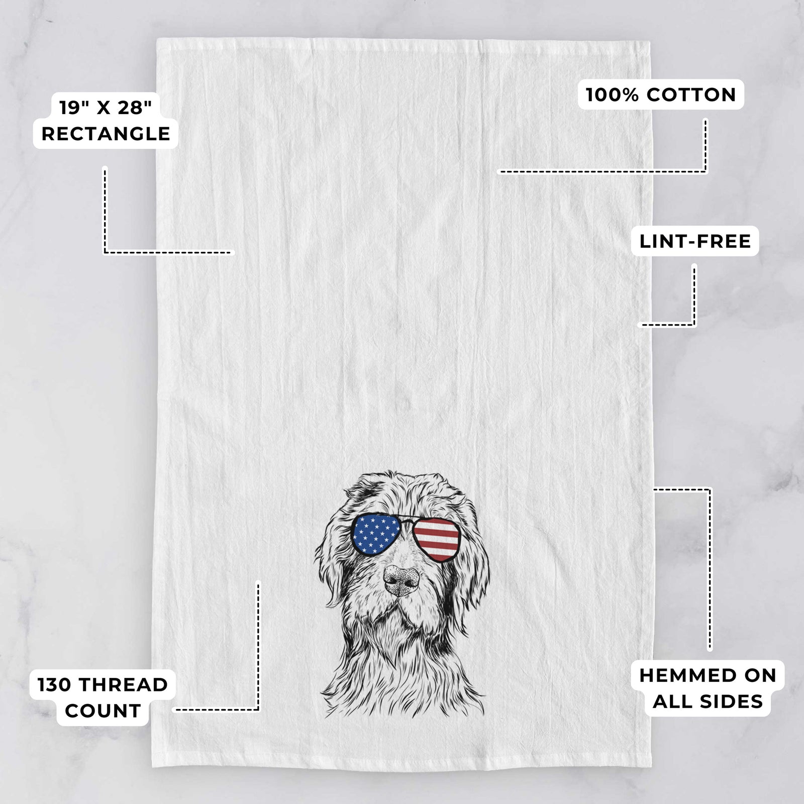 Hand-drawn sketch of Doc Holliday the Pudelpointer wearing American flag sunglasses on a tea towel, with feature callouts: 19 x 28 inch rectangle, 100% cotton, lint-free, 120 thread count, hemmed on all sides