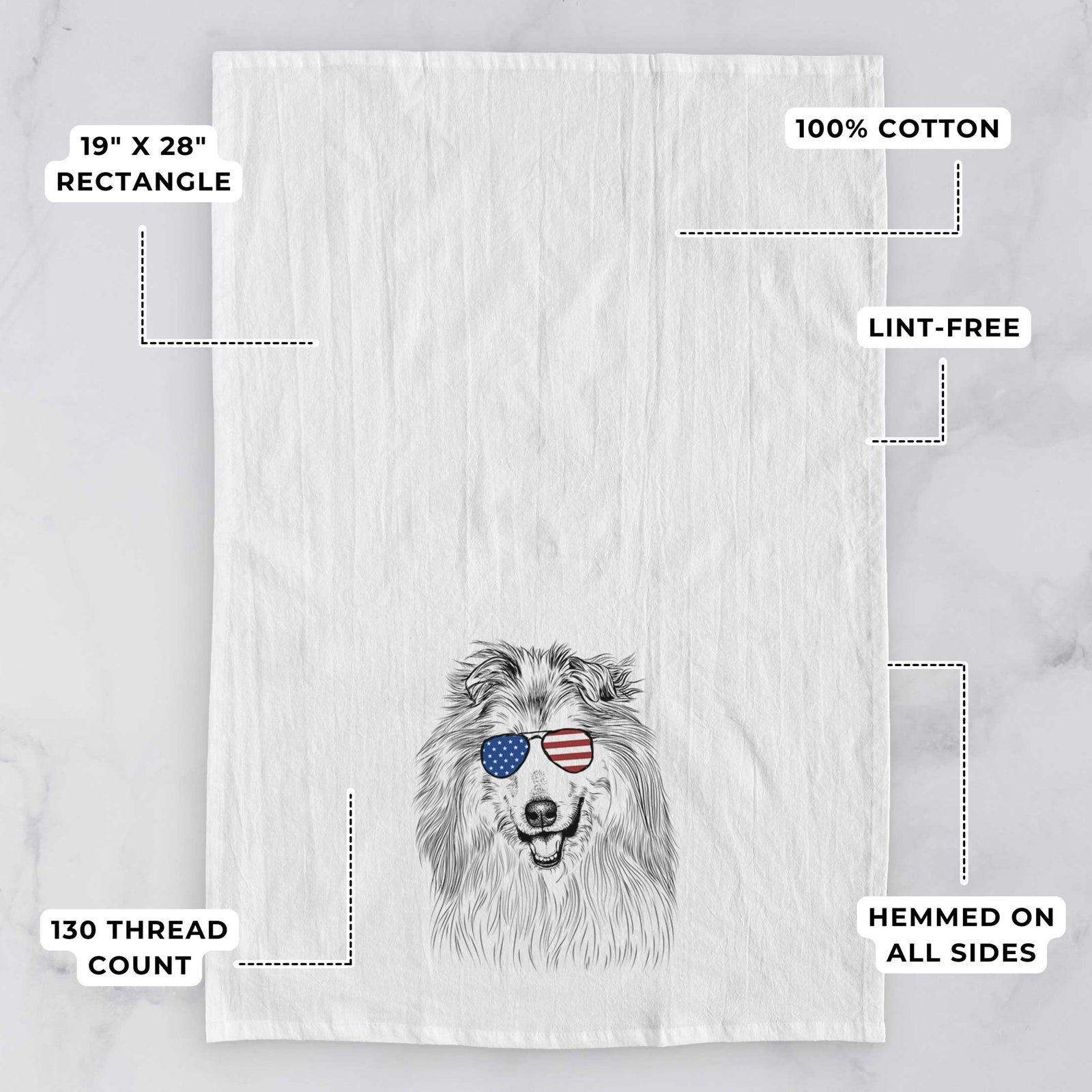 Hand-drawn sketch of Donnan the Rough Collie wearing American flag sunglasses on a tea towel, with feature callouts: 19 x 28 inch rectangle, 100% cotton, lint-free, 120 thread count, hemmed on all sides
