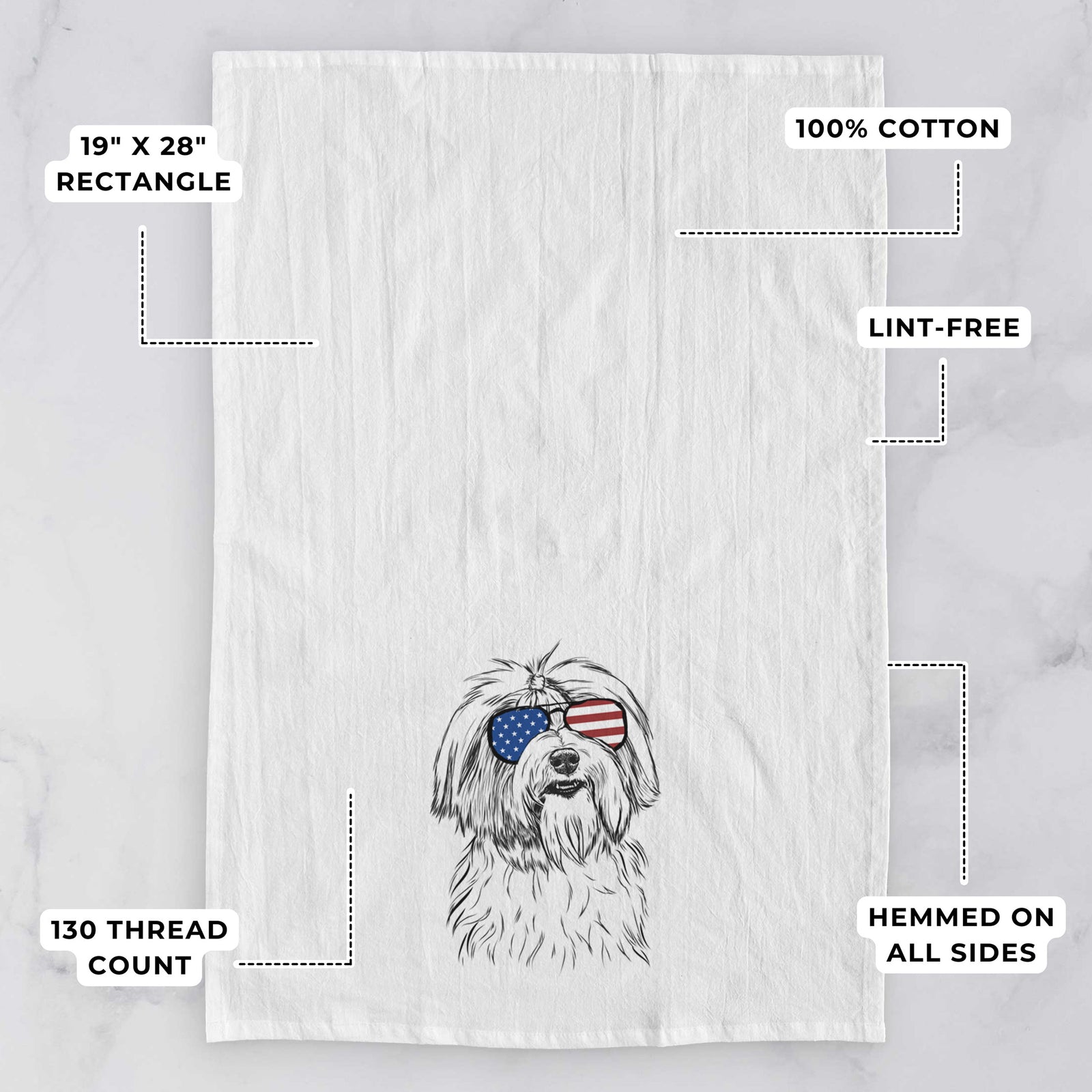 Hand-drawn sketch of Dooley the Havanese wearing American flag sunglasses on a tea towel, with feature callouts: 19 x 28 inch rectangle, 100% cotton, lint-free, 120 thread count, hemmed on all sides