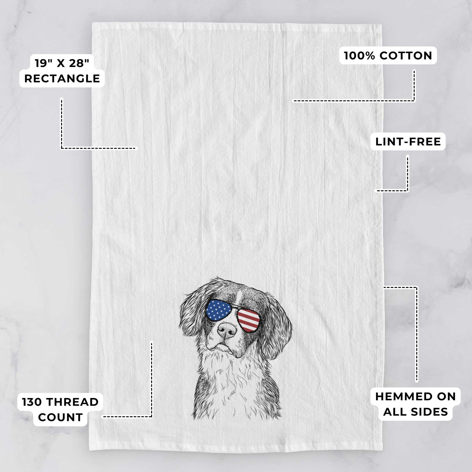 Hand-drawn sketch of Dulce the Drentsche Patrijshond wearing American flag sunglasses on a tea towel, with feature callouts: 19 x 28 inch rectangle, 100% cotton, lint-free, 120 thread count, hemmed on all sides