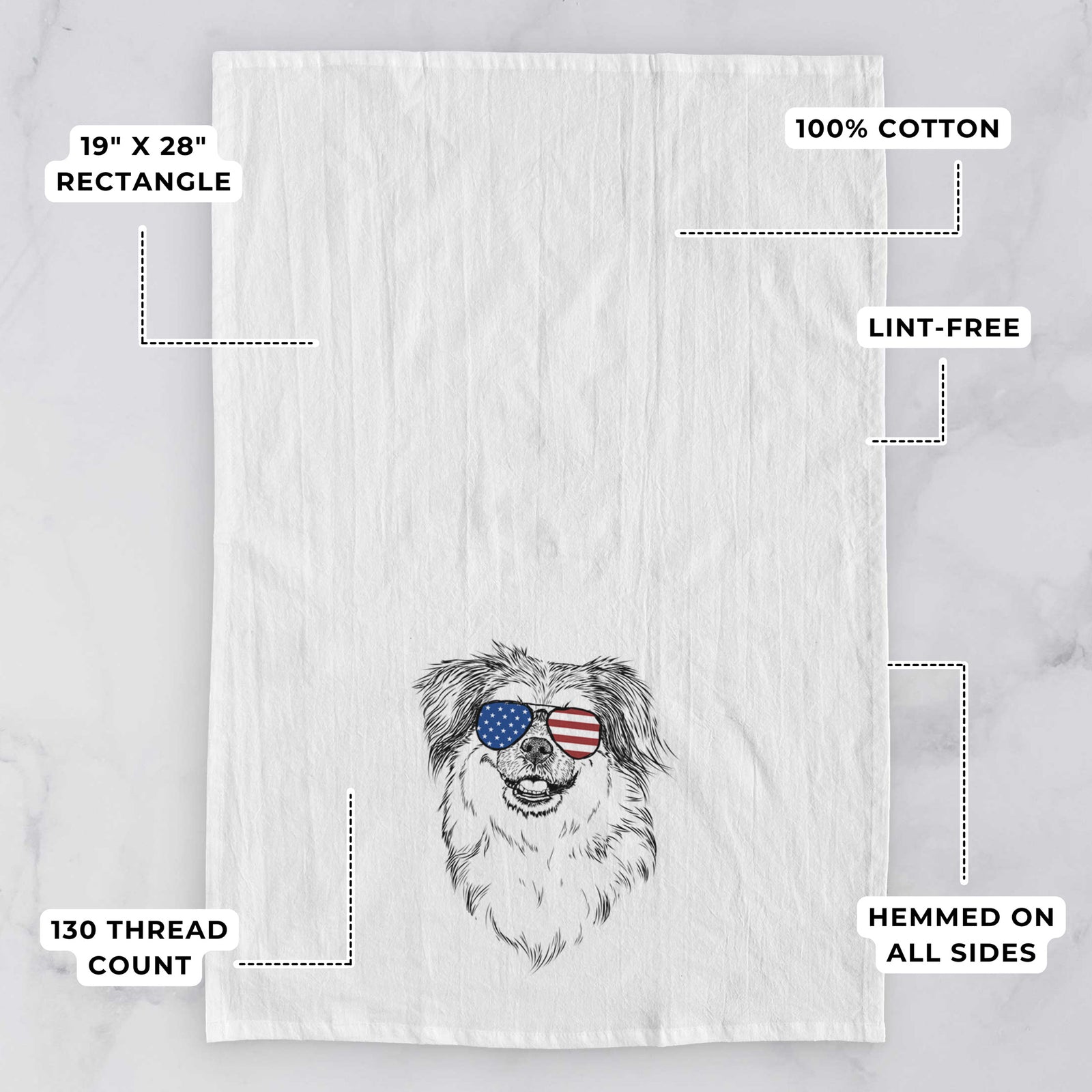 Hand-drawn sketch of Ed the Tibetan Spaniel wearing American flag sunglasses on a tea towel, with feature callouts: 19 x 28 inch rectangle, 100% cotton, lint-free, 120 thread count, hemmed on all sides