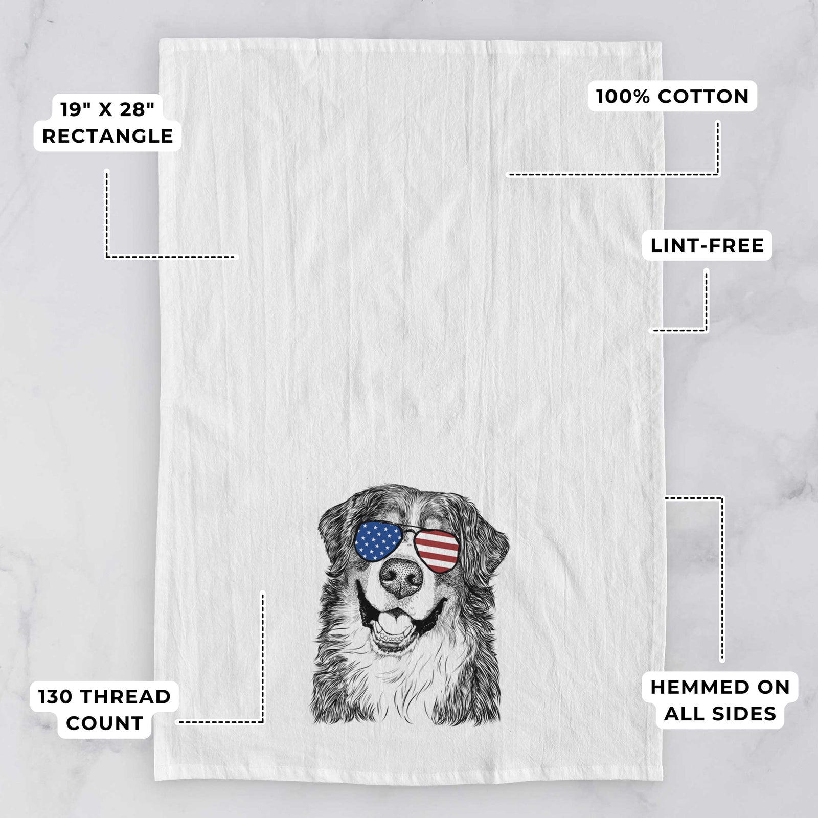 Hand-drawn sketch of Eiger the Bernese Mountain Dog wearing American flag sunglasses on a tea towel, with feature callouts: 19 x 28 inch rectangle, 100% cotton, lint-free, 120 thread count, hemmed on all sides
