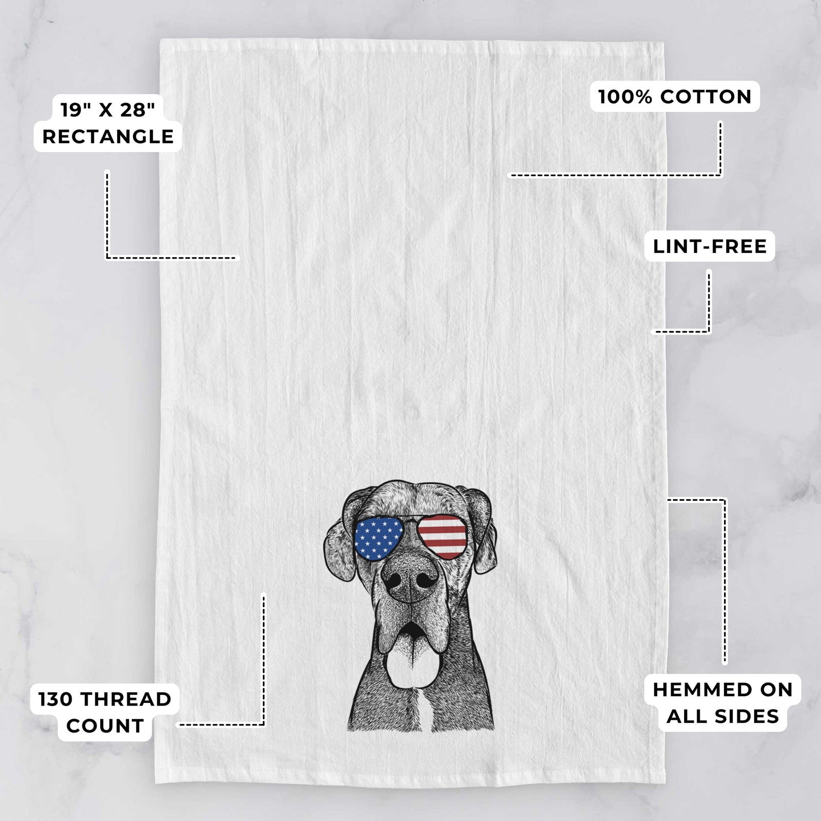 Hand-drawn sketch of Eli the Great Dane wearing American flag sunglasses on a tea towel, with feature callouts: 19 x 28 inch rectangle, 100% cotton, lint-free, 120 thread count, hemmed on all sides