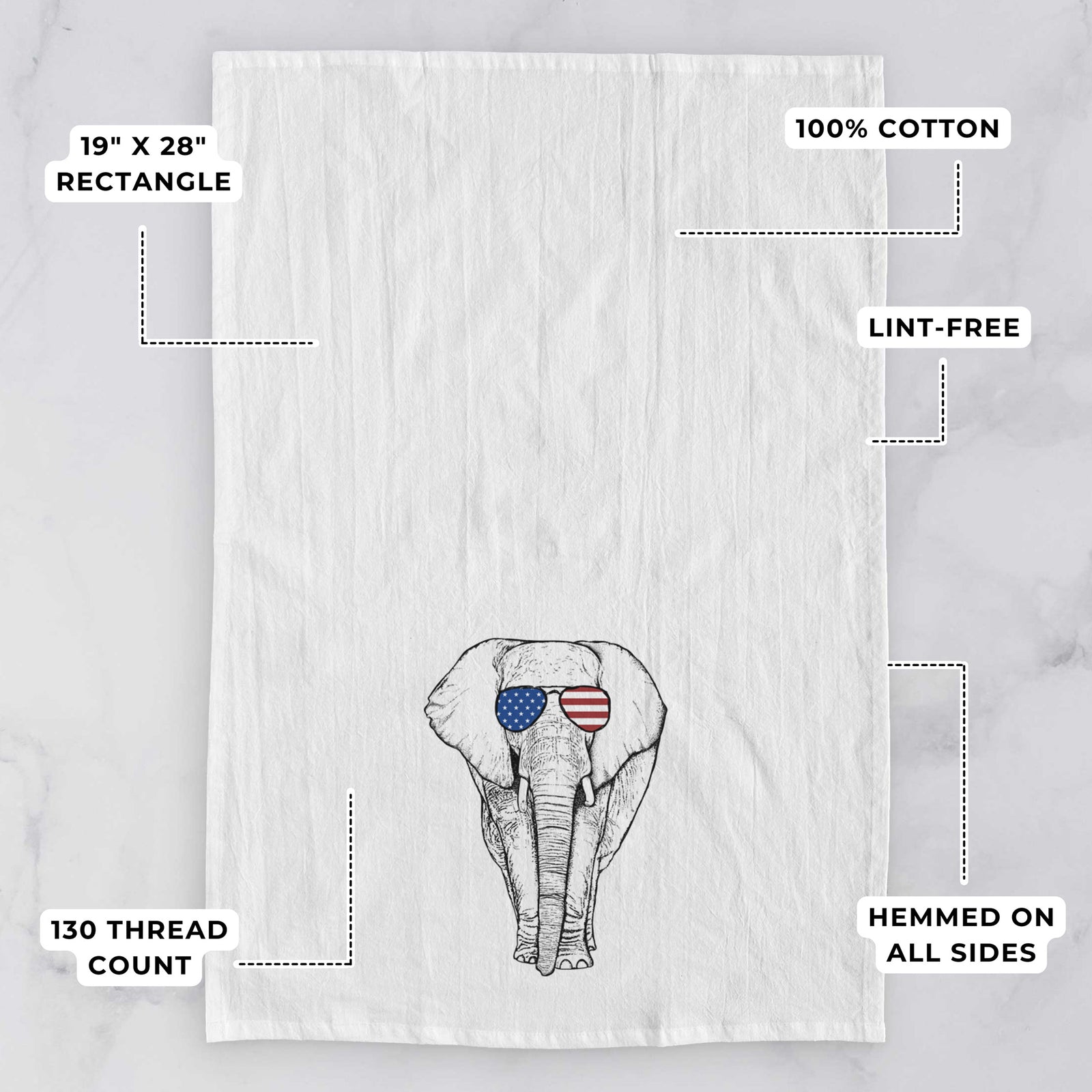 Hand-drawn sketch of Ella the Elephant wearing American flag sunglasses on a tea towel, with feature callouts: 19 x 28 inch rectangle, 100% cotton, lint-free, 120 thread count, hemmed on all sides
